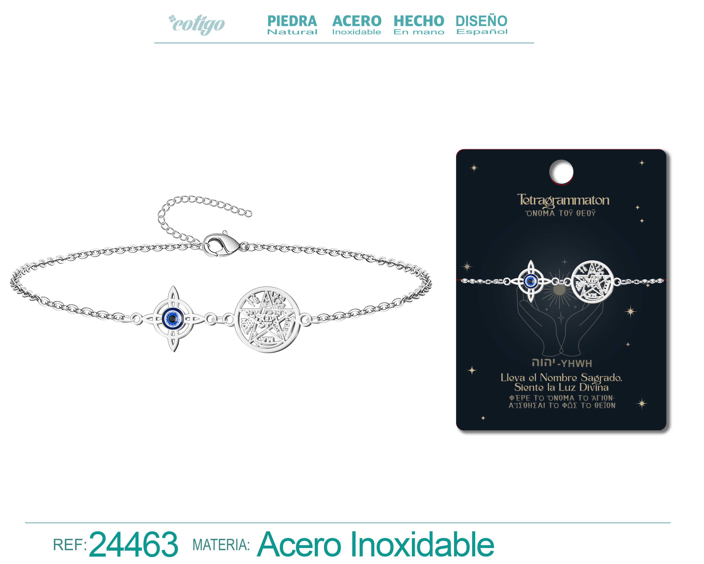 Pulsera Tetragramatón con Nudo de Bruja y Ojo de Turco Acero Inoxidable color plateado