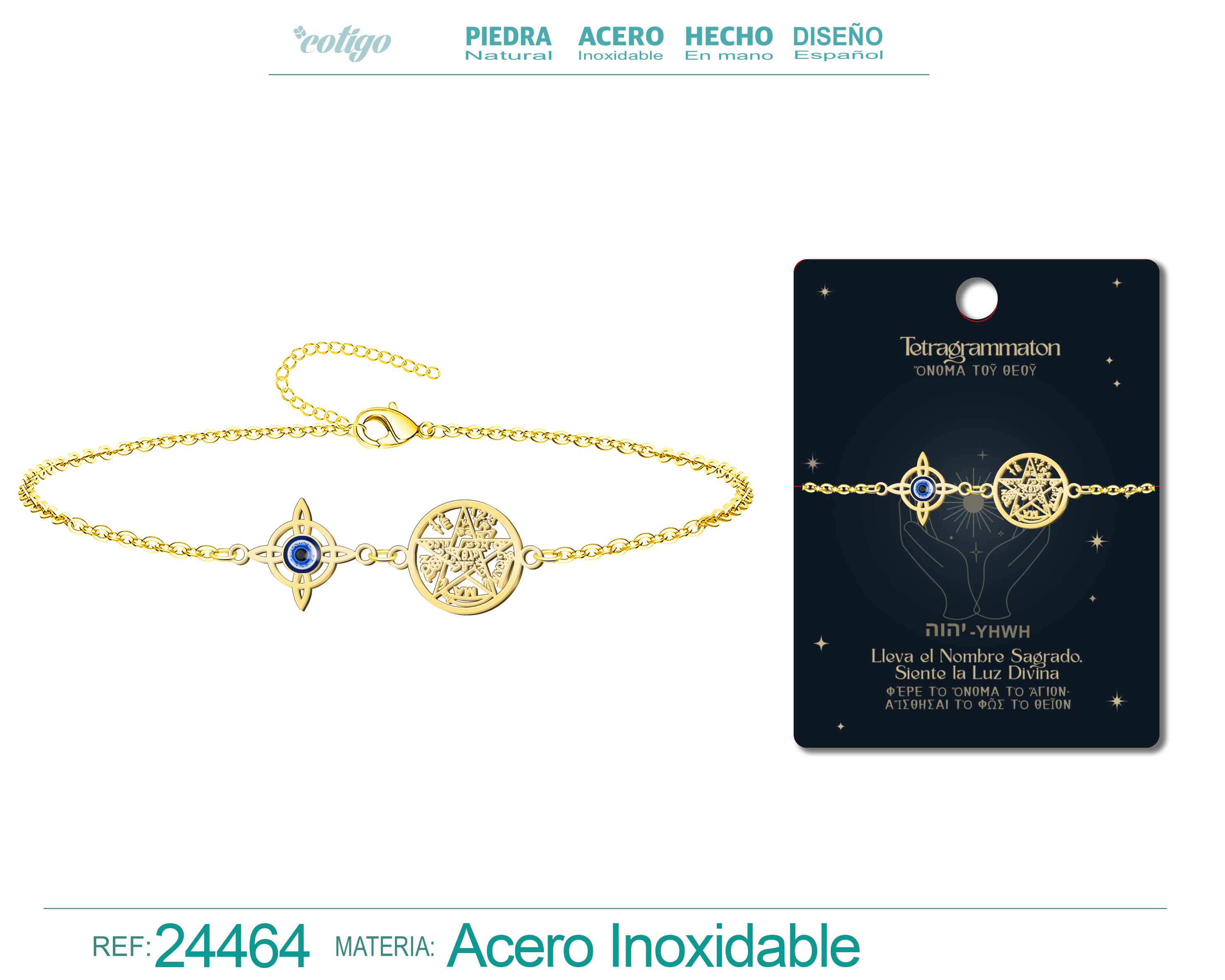 Pulsera Tetragramatón con Nudo de Bruja y Ojo de Turco Acero Inoxidable color Dorado