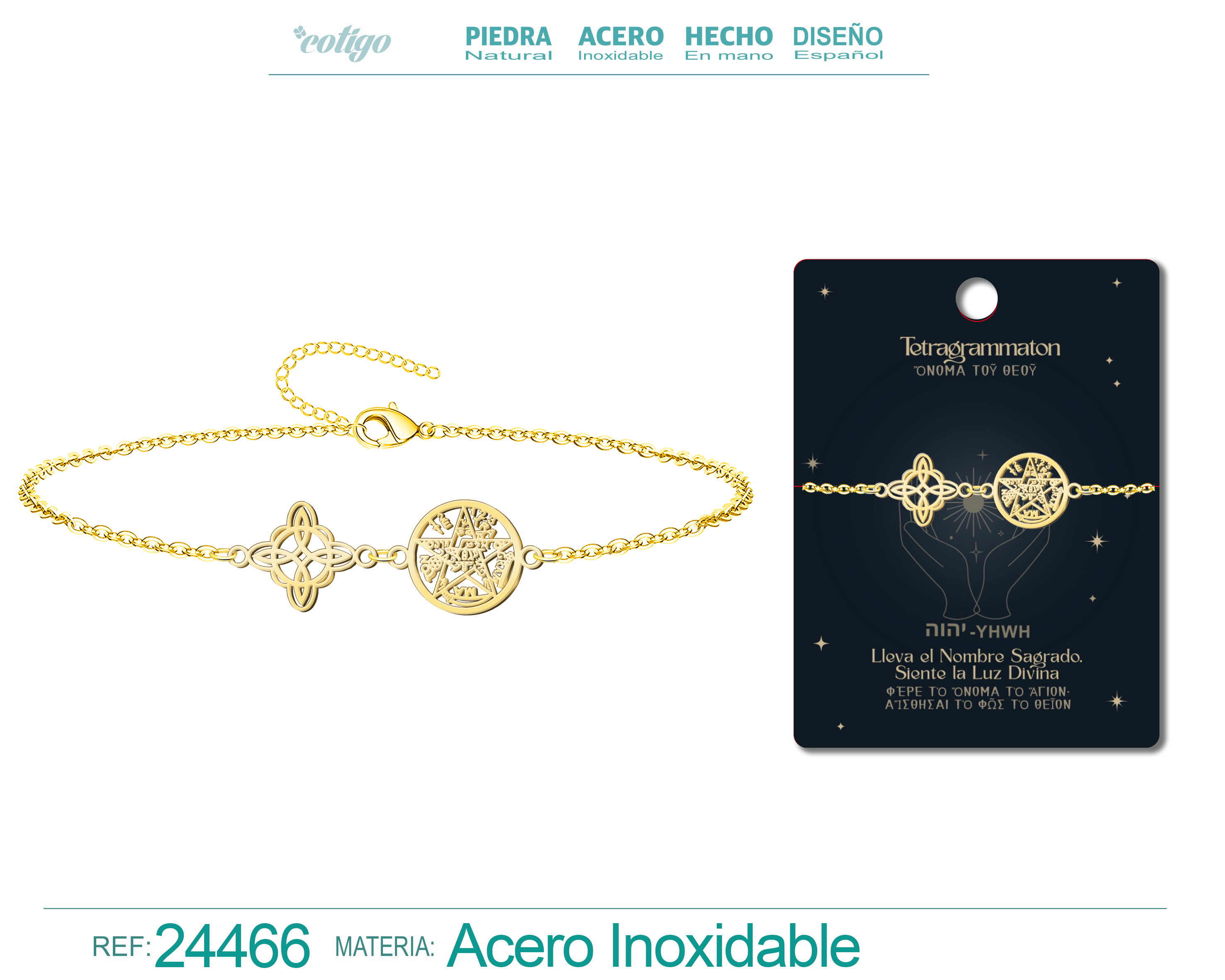 Pulsera Tetragramatón con Nudo de Bruja Acero Inoxidable color Dorado