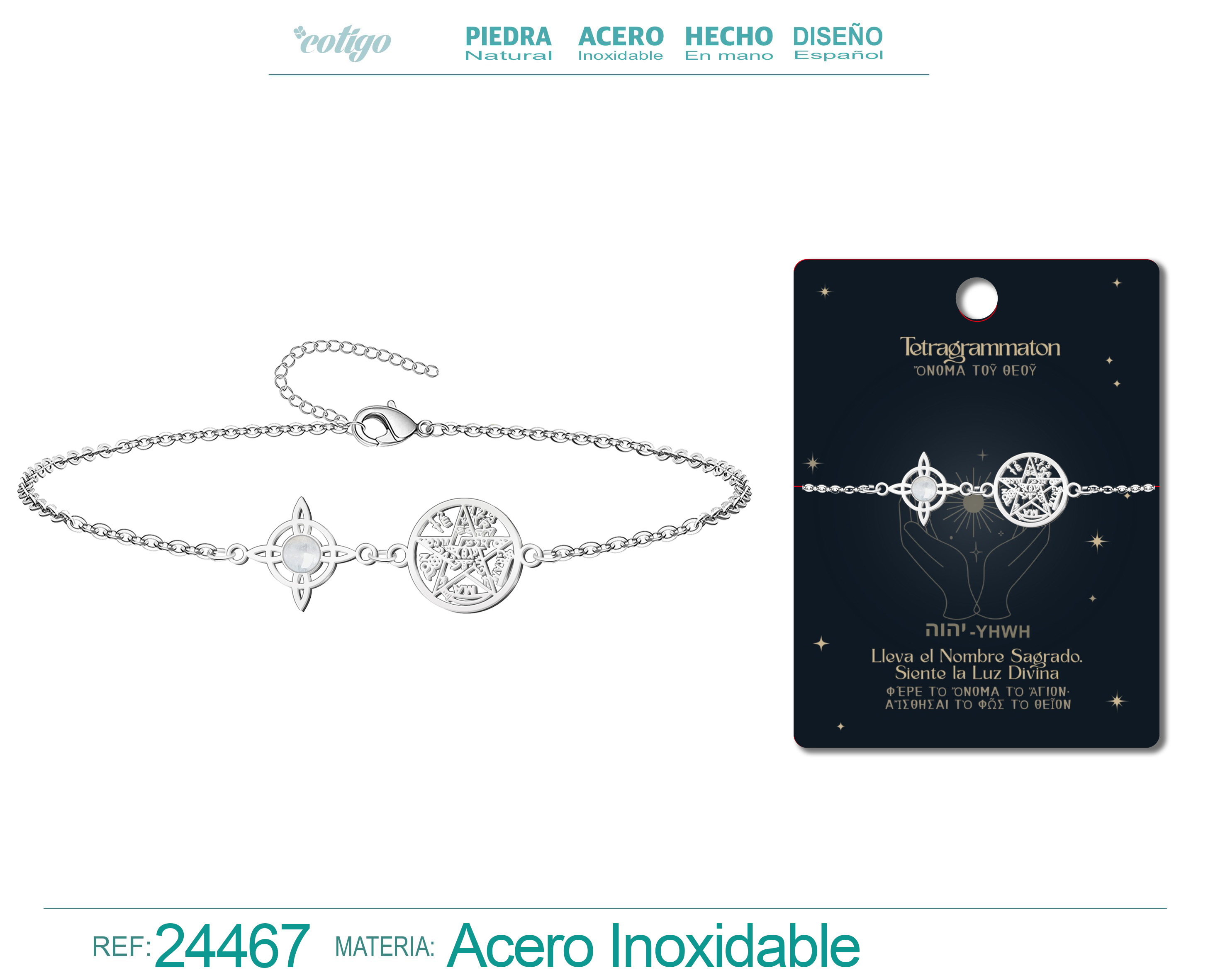 Pulsera Tetragramatón con Nudo de Bruja Acero Inoxidable y Piedra Cuarzo Blanco