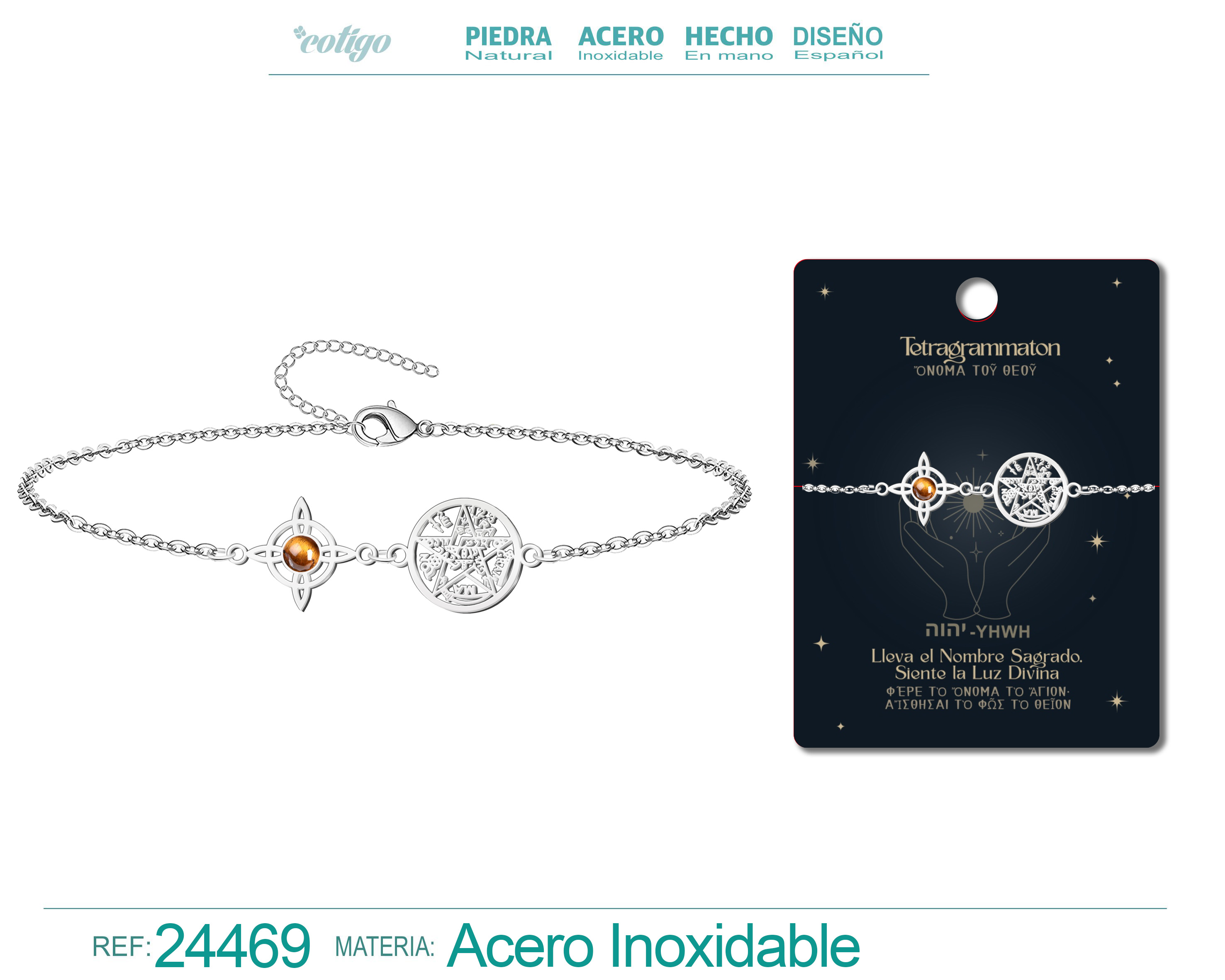 Pulsera Tetragramatón con Nudo de Bruja Acero Inoxidable y Piedra Ojo de Tigre
