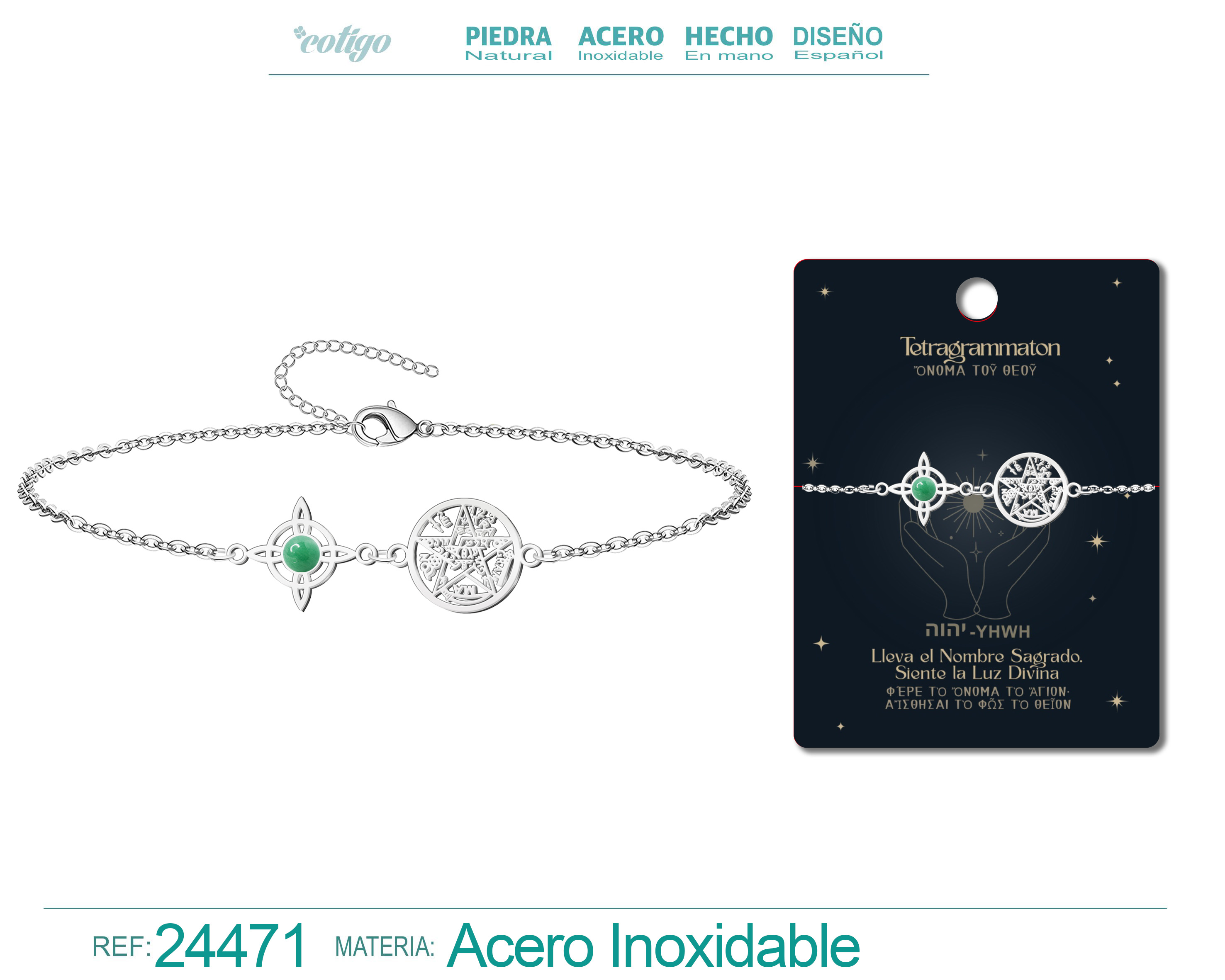 Pulsera Tetragramatón con Nudo de Bruja Acero Inoxidable y Piedra Aventurina verde