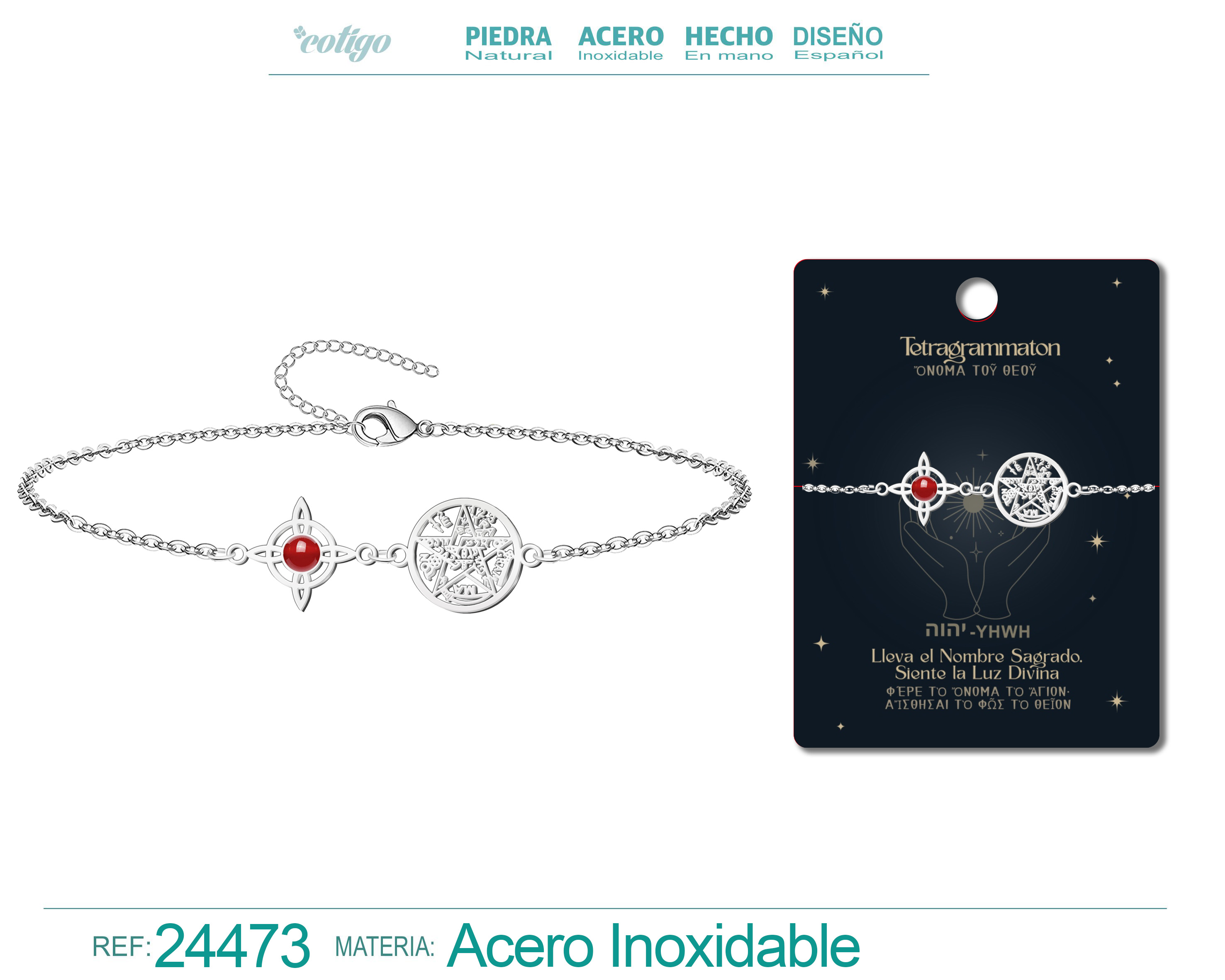 Pulsera Tetragramatón con Nudo de Bruja Acero Inoxidable y Piedra Carneola