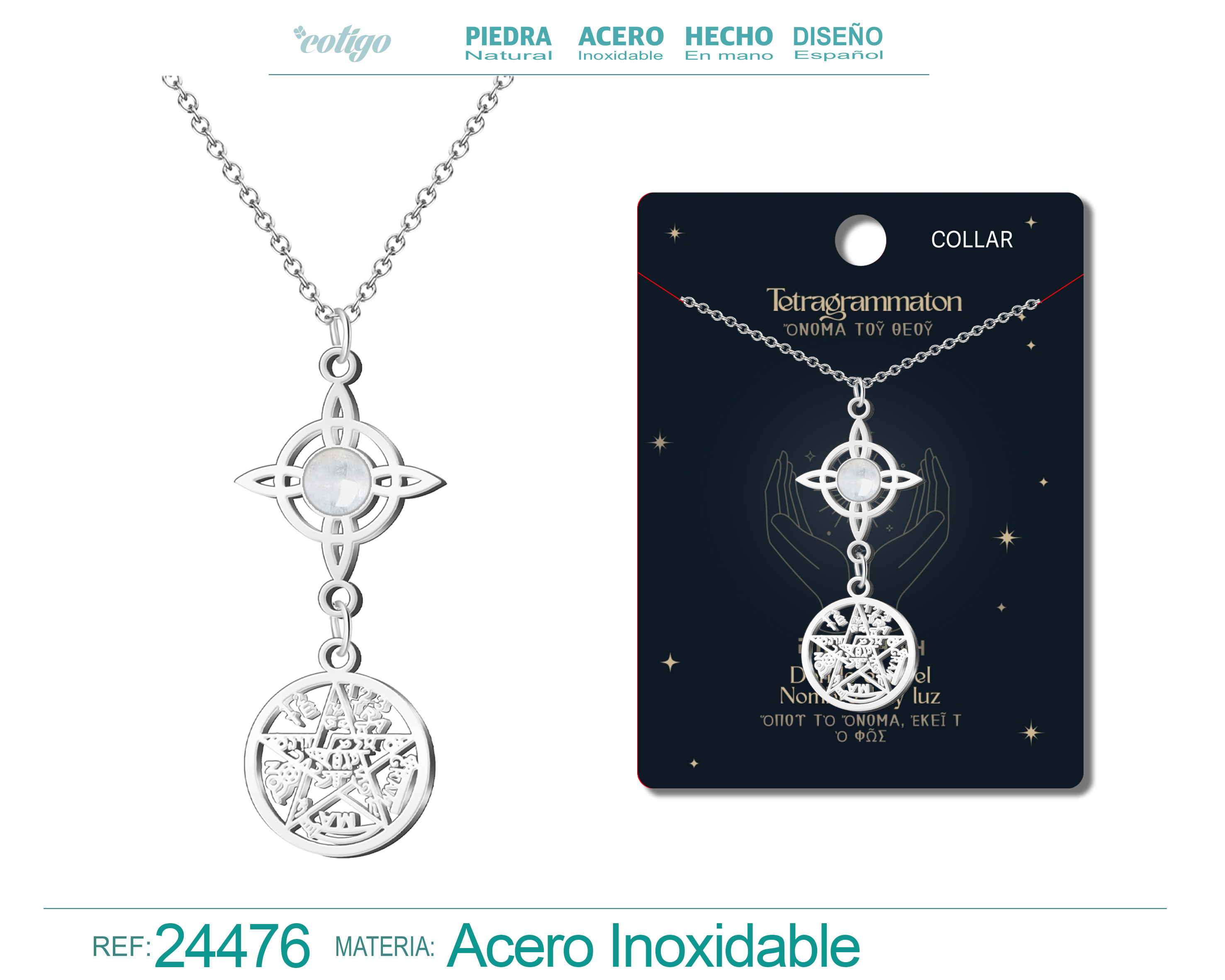 Collar Tetragramatón con Nudo de Bruja Acero Inoxidable y Piedra Cuarzo Blanco