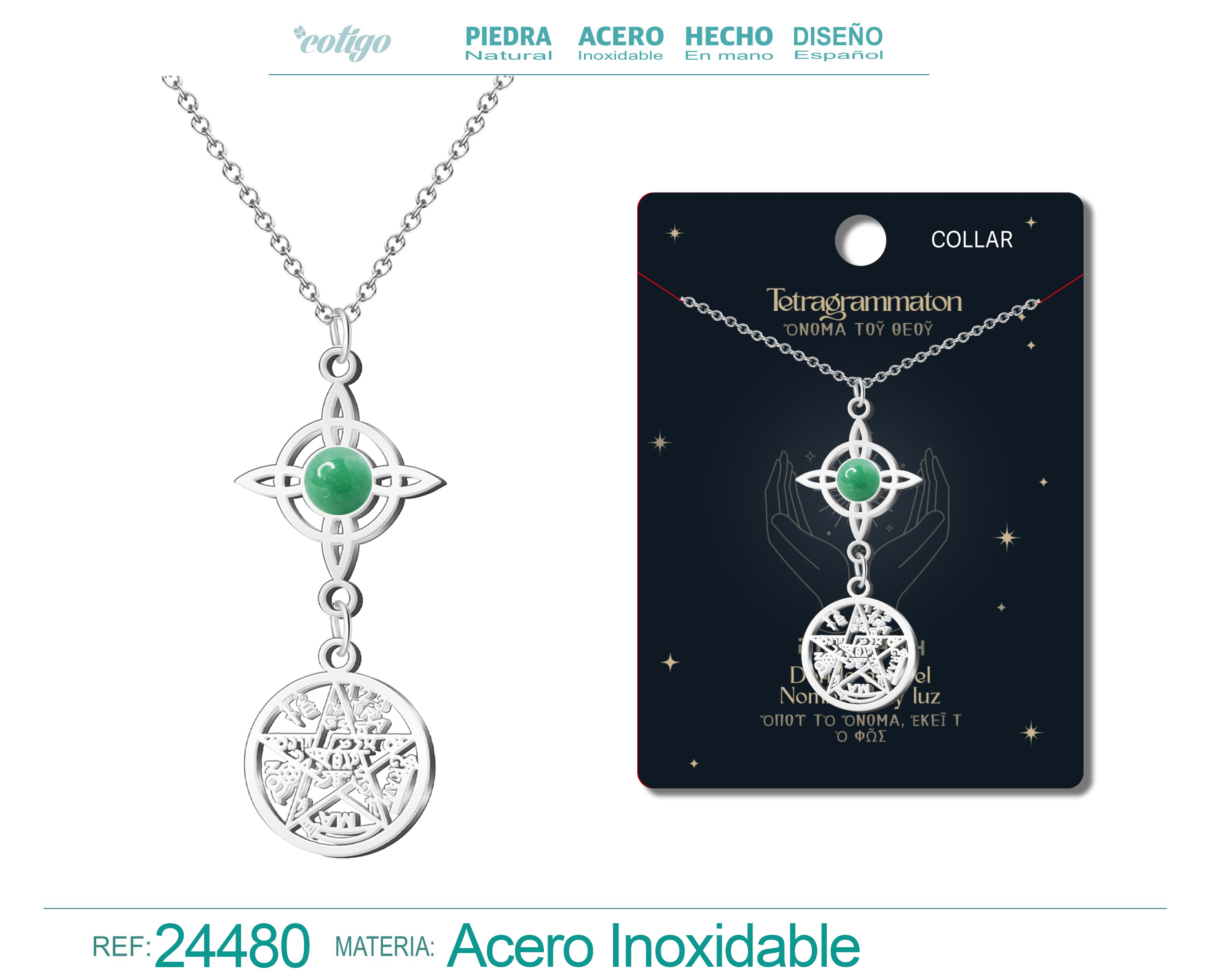 Collar Tetragramatón con Nudo de Bruja Acero Inoxidable y Piedra Aventurina verde