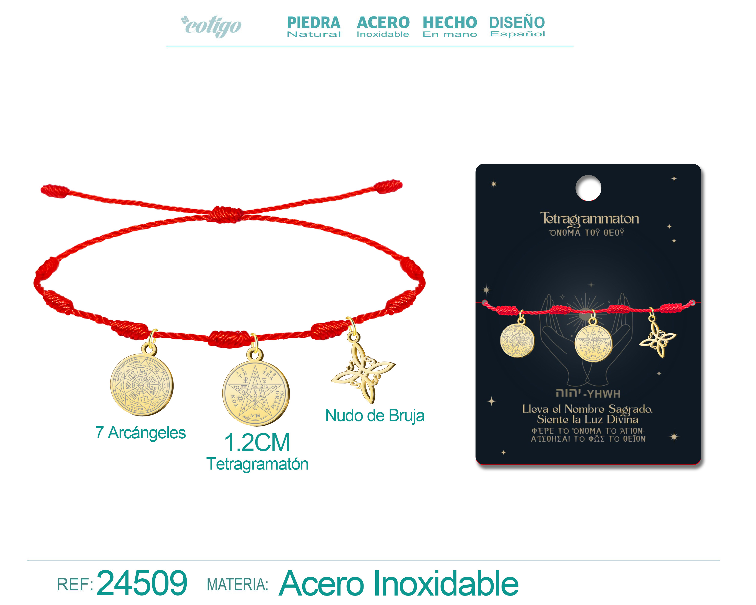 Pulsera 7 Nudos con Tetragrammaton, Nudo de Bruja y 7 Arcángeles Acero Dorado