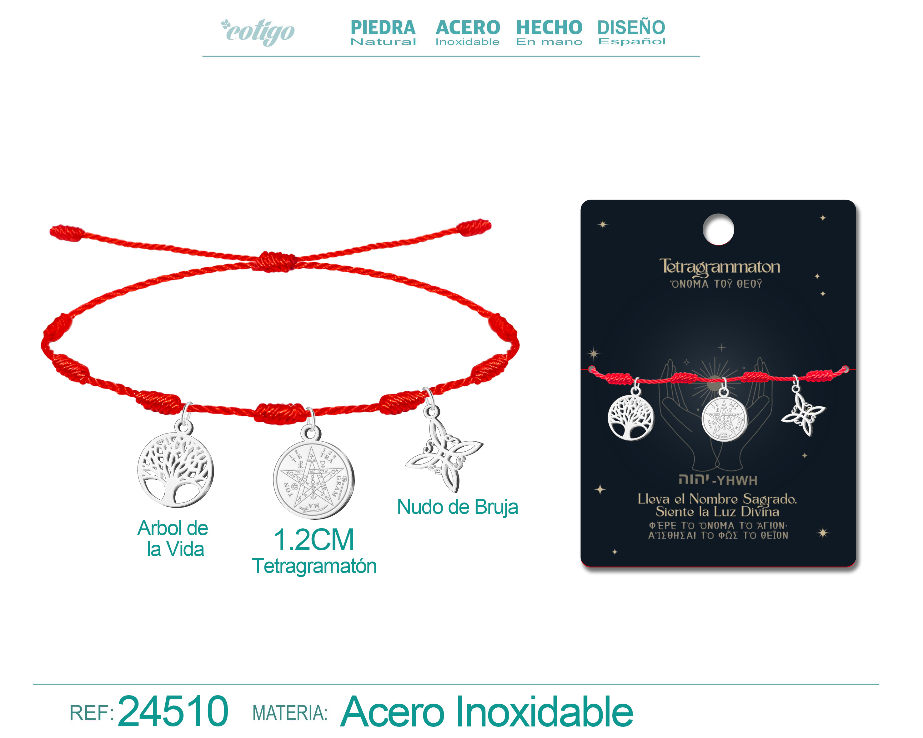 Pulsera 7 Nudos con Tetragrammaton, Nudo de Bruja y Arbol de la Vida Acero Plateado