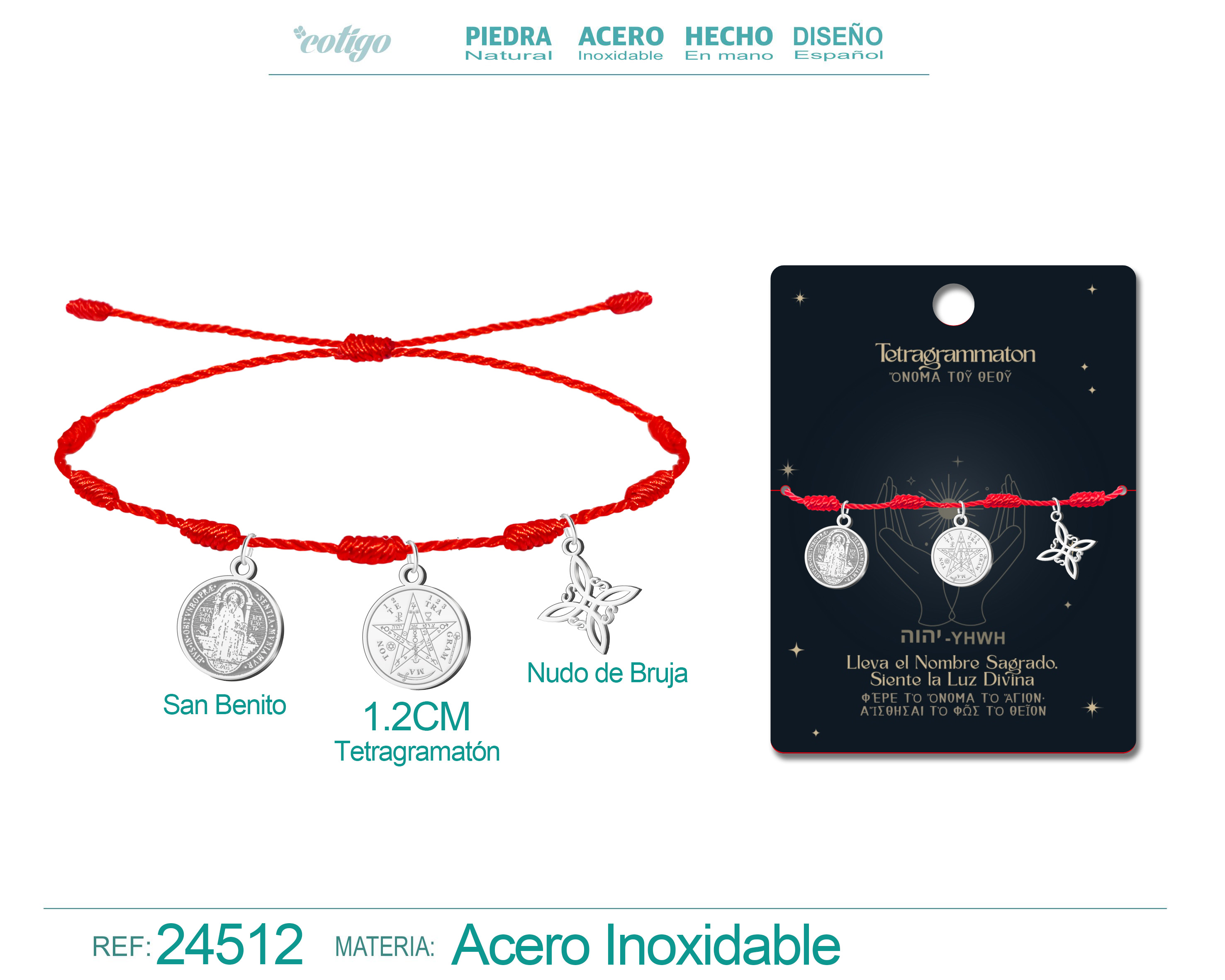 Pulsera 7 Nudos con Tetragrammaton, Nudo de Bruja y San Benito Acero Plateado