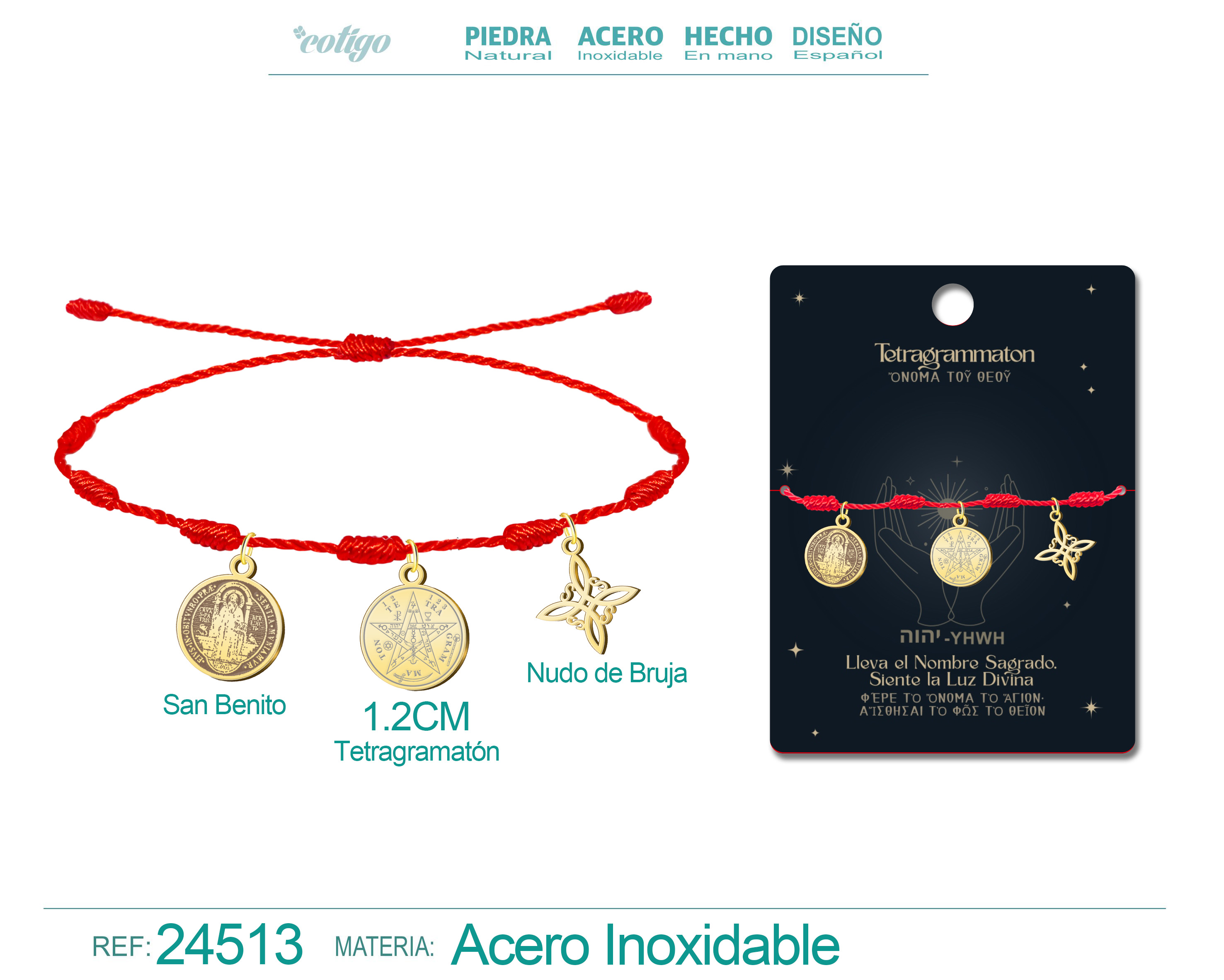Pulsera 7 Nudos con Tetragrammaton, Nudo de Bruja y San Benito Acero Dorado