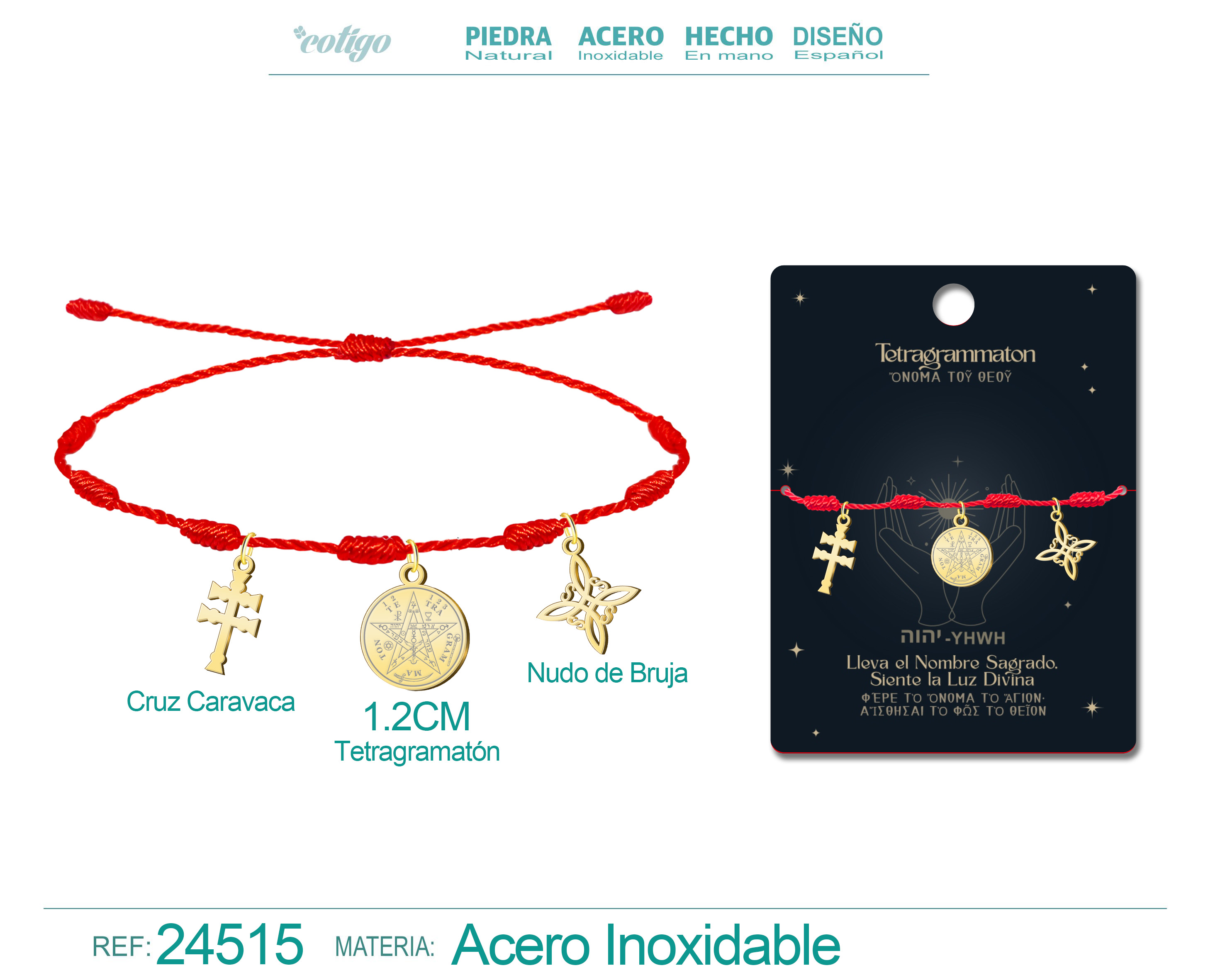 Pulsera 7 Nudos con Tetragrammaton, Nudo de Bruja y Cruz Caravaca Acero Dorado