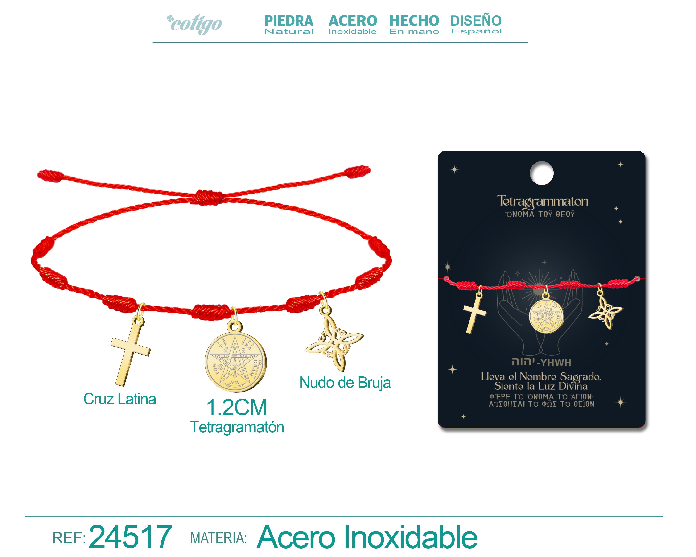 Pulsera 7 Nudos con Tetragrammaton, Nudo de Bruja y Cruz Latina Acero Dorado