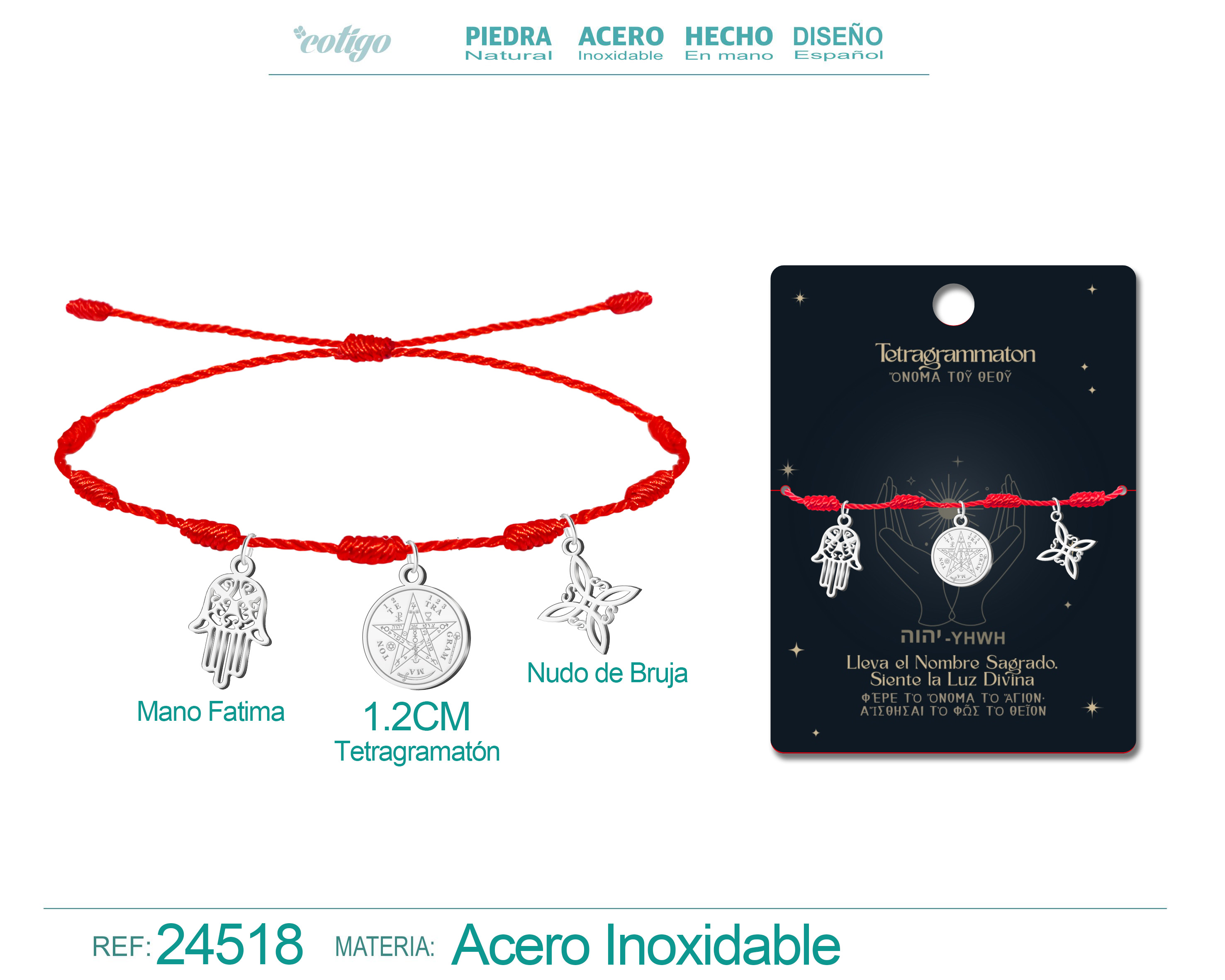 Pulsera 7 Nudos con Tetragrammaton, Nudo de Bruja y Mano Fatima Acero Plateado