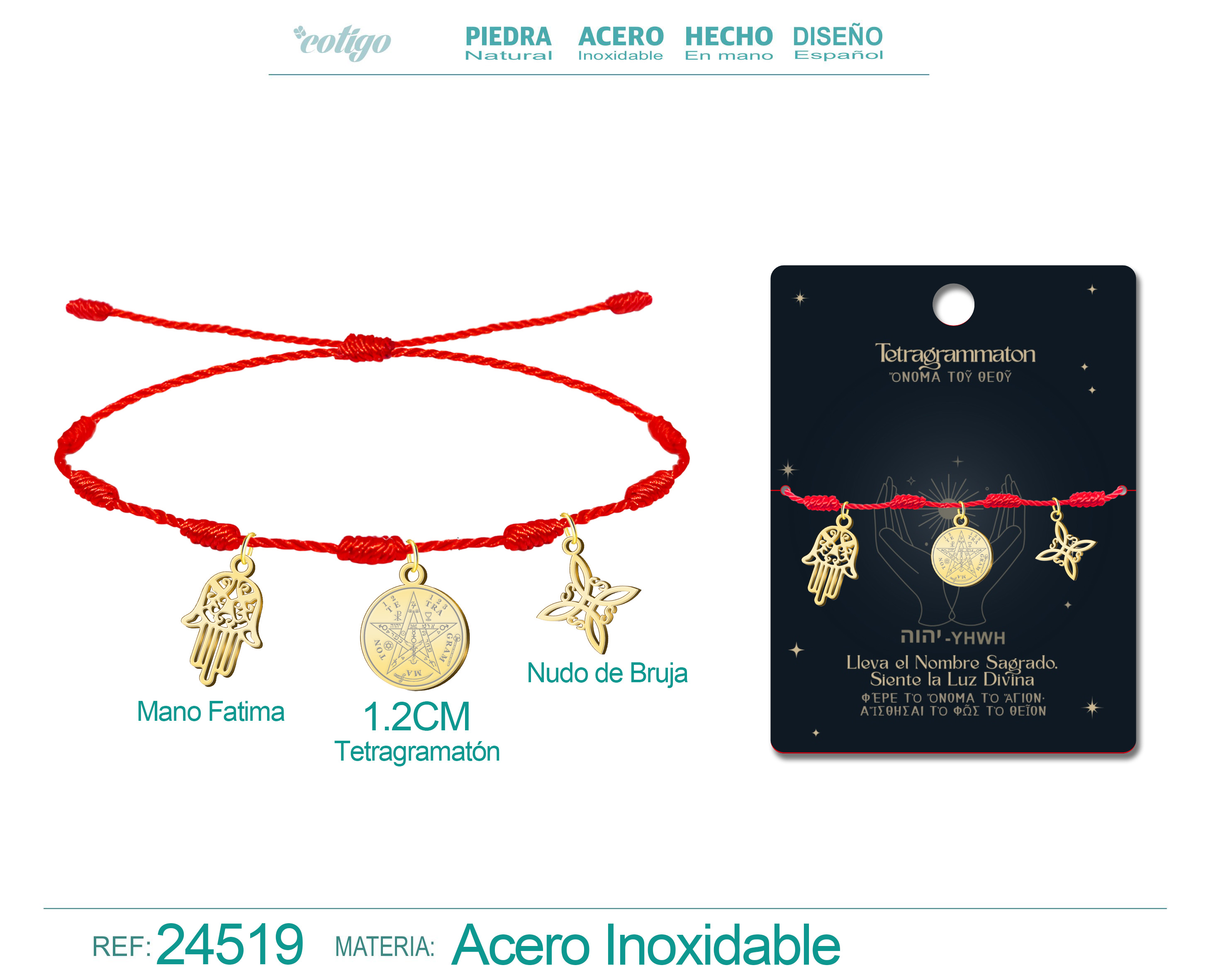 Pulsera 7 Nudos con Tetragrammaton, Nudo de Bruja y Mano Fatima Acero Dorado