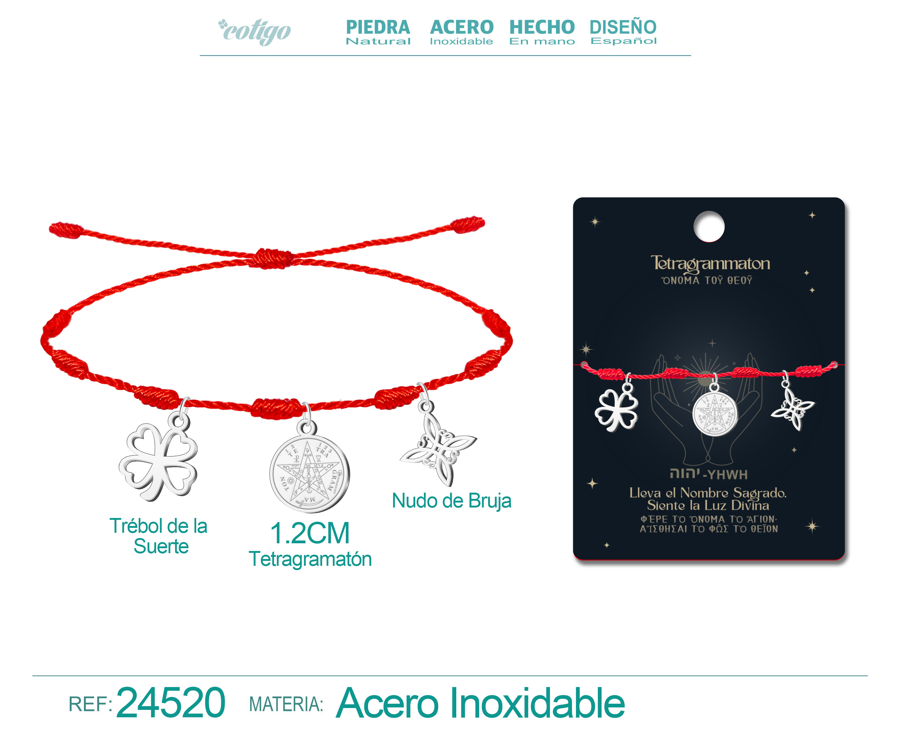 Pulsera 7 Nudos con Tetragrammaton, Nudo de Bruja y Trébol de la Suerte Acero Plateado