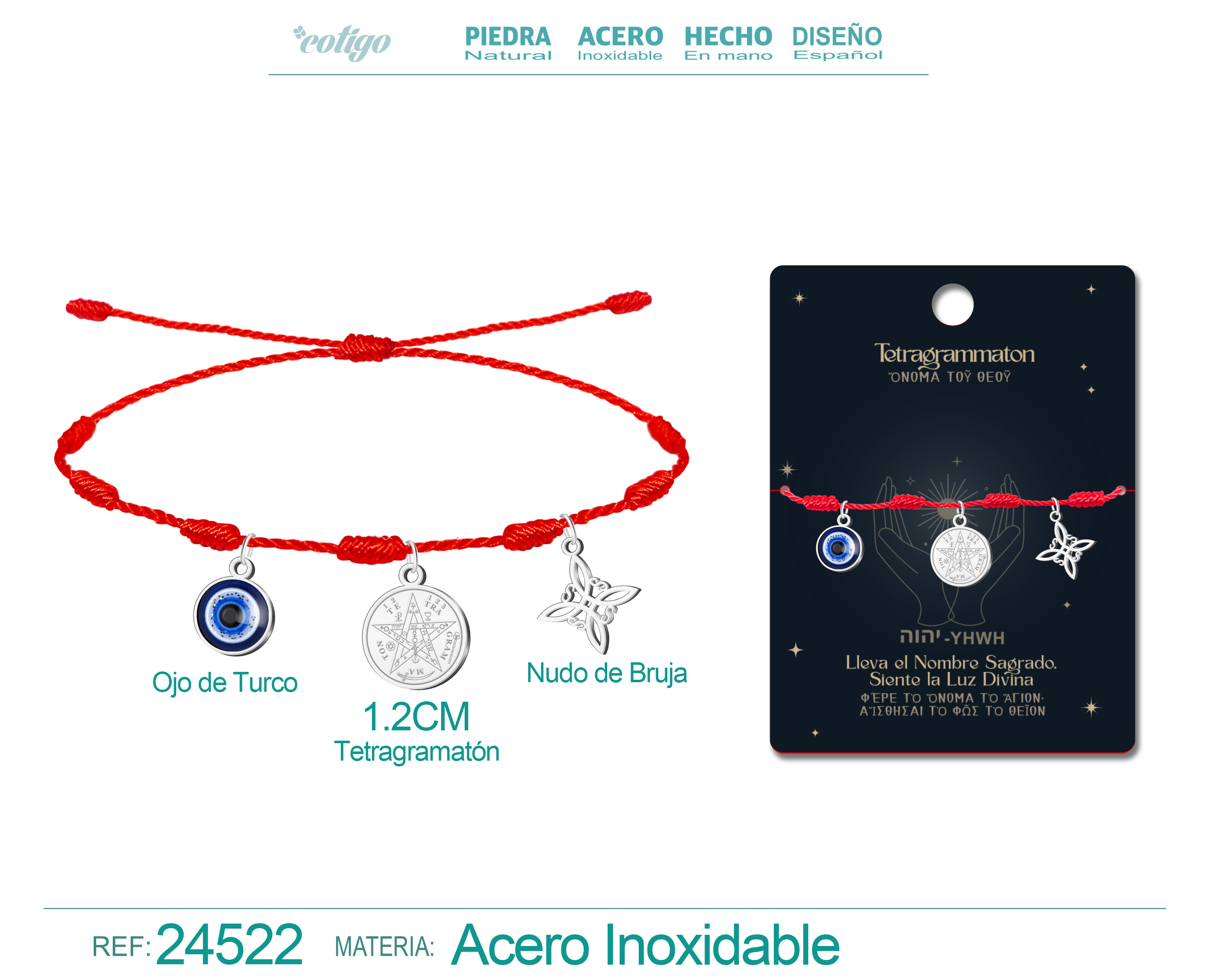Pulsera 7 Nudos con Tetragrammaton, Nudo de Bruja y Ojo Turco Acero Plateado