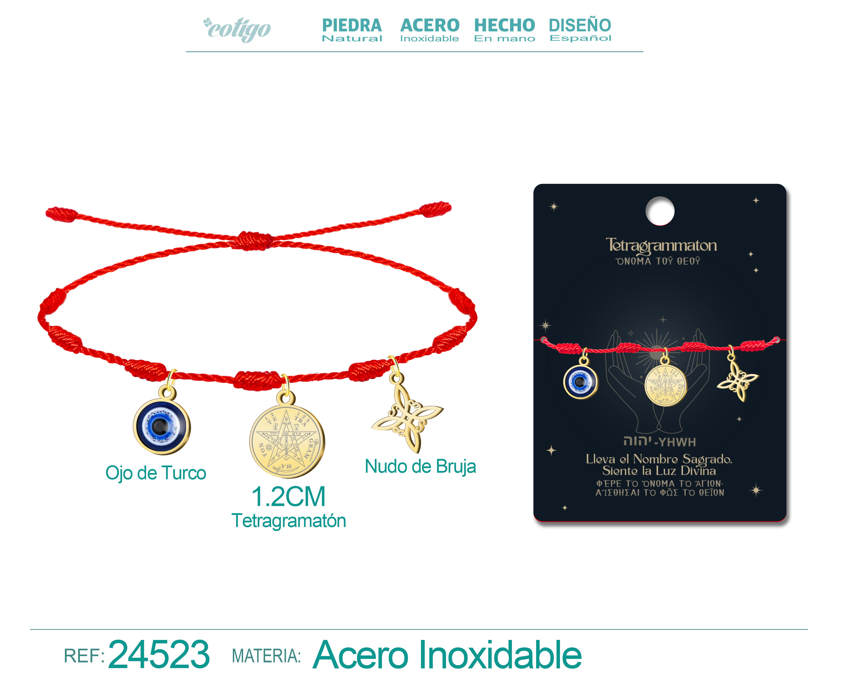 Pulsera 7 Nudos con Tetragrammaton, Nudo de Bruja y Ojo Turco Acero Dorado