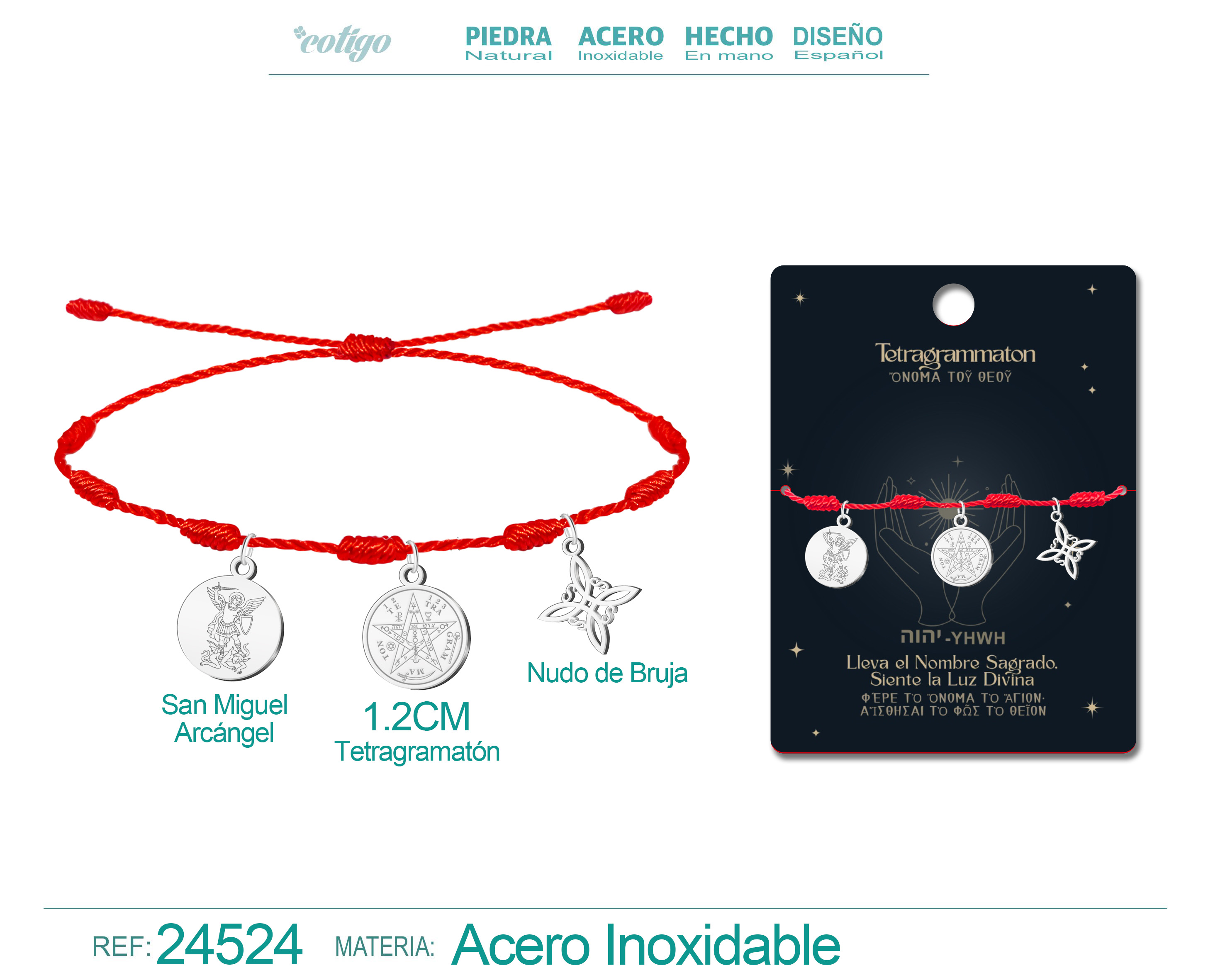 Pulsera 7 Nudos con Tetragrammaton, Nudo de Bruja y San Miguel Arcángel Acero Plateado