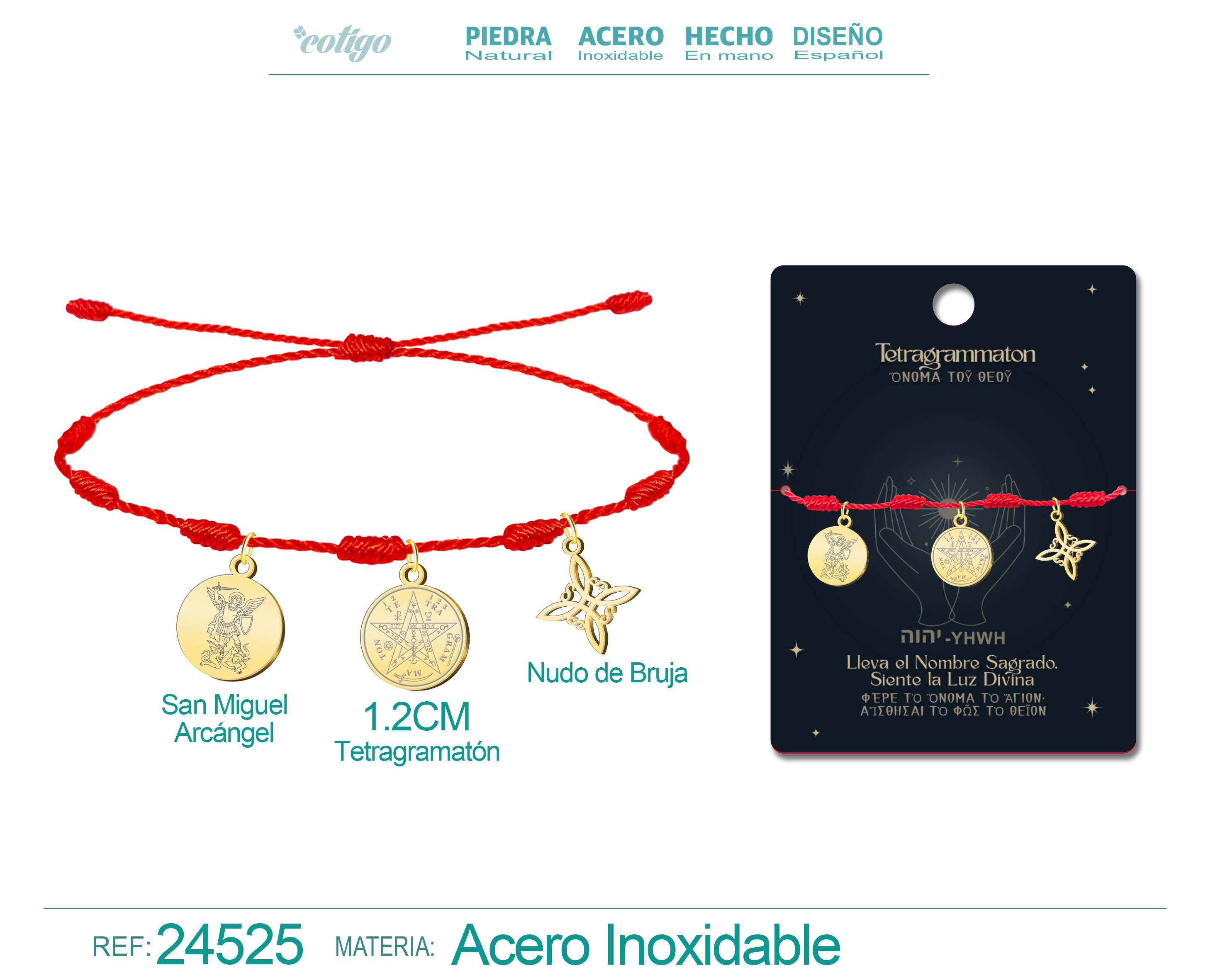 Pulsera 7 Nudos con Tetragrammaton, Nudo de Bruja y San Miguel Arcángel Acero Dorado