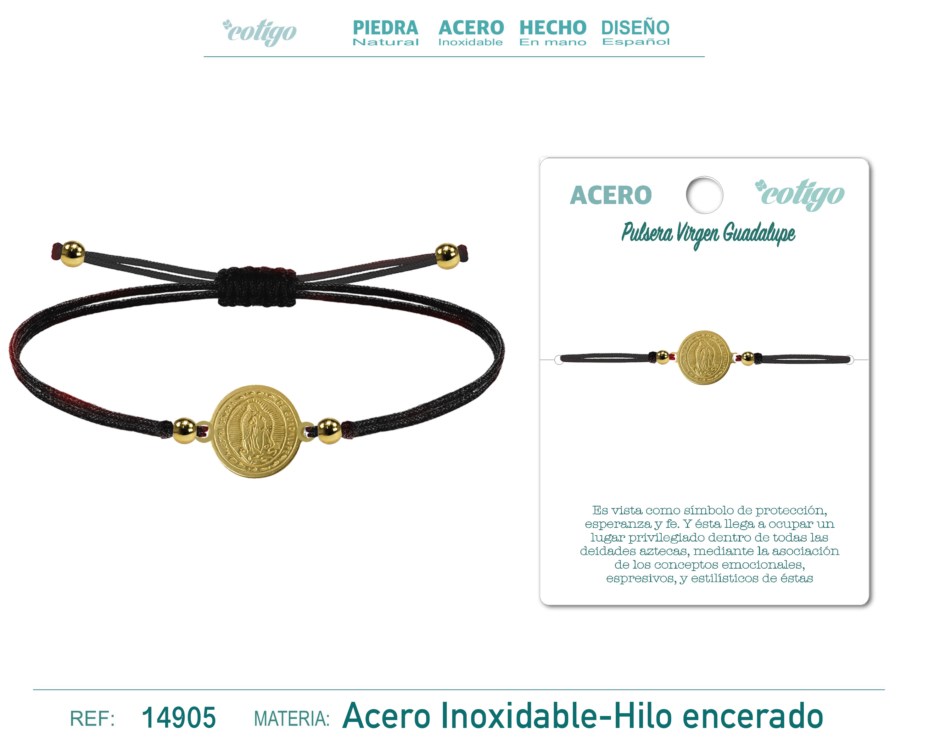 Pulsera Hilo encerado Negro-Virgen Guadalupe Dorado