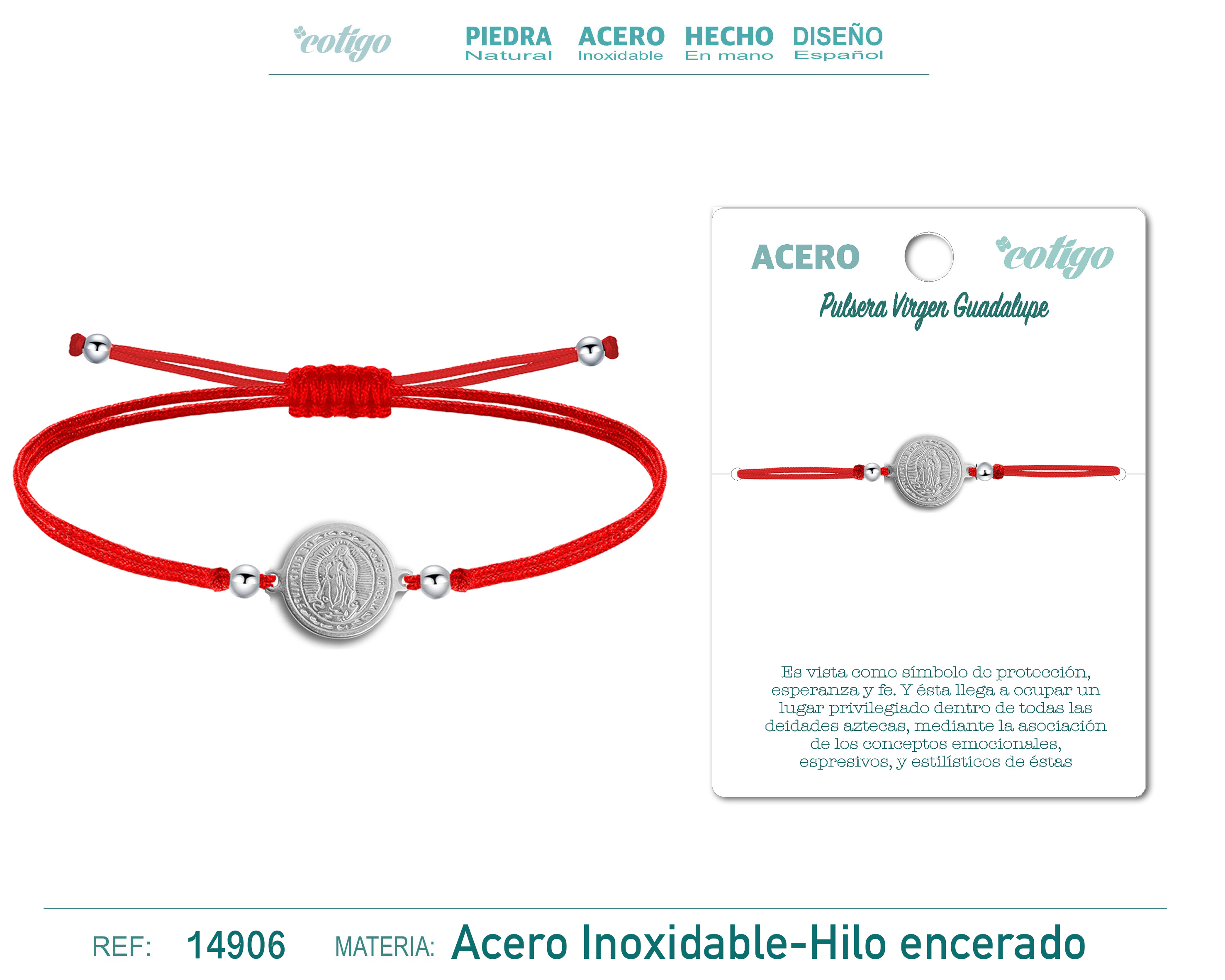 Pulsera Hilo encerado Rojo-Virgen Guadalupe Plateado