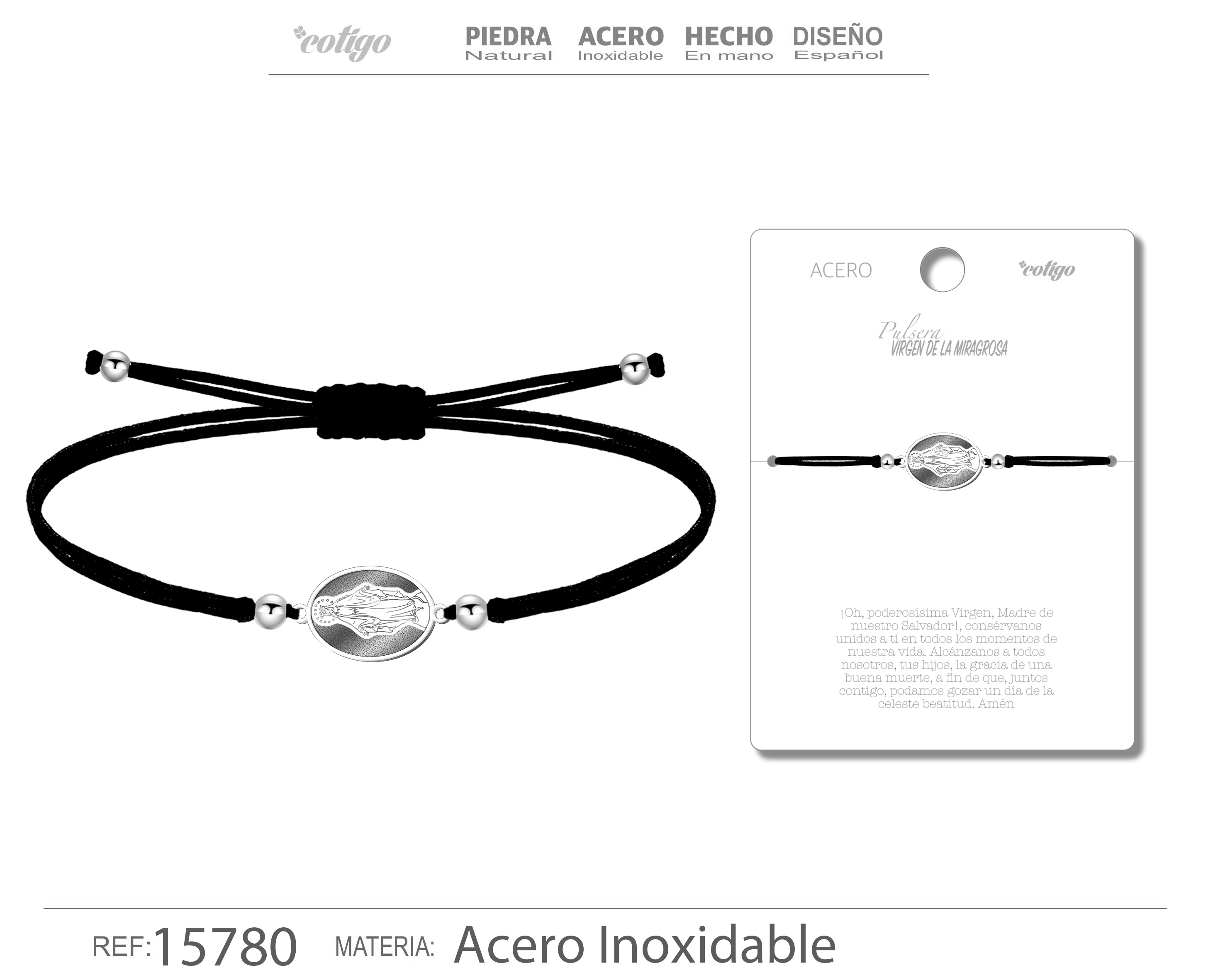 Pulsera Hilo Encerado con VIRGEN DE LA MILAGROSA color Plateado