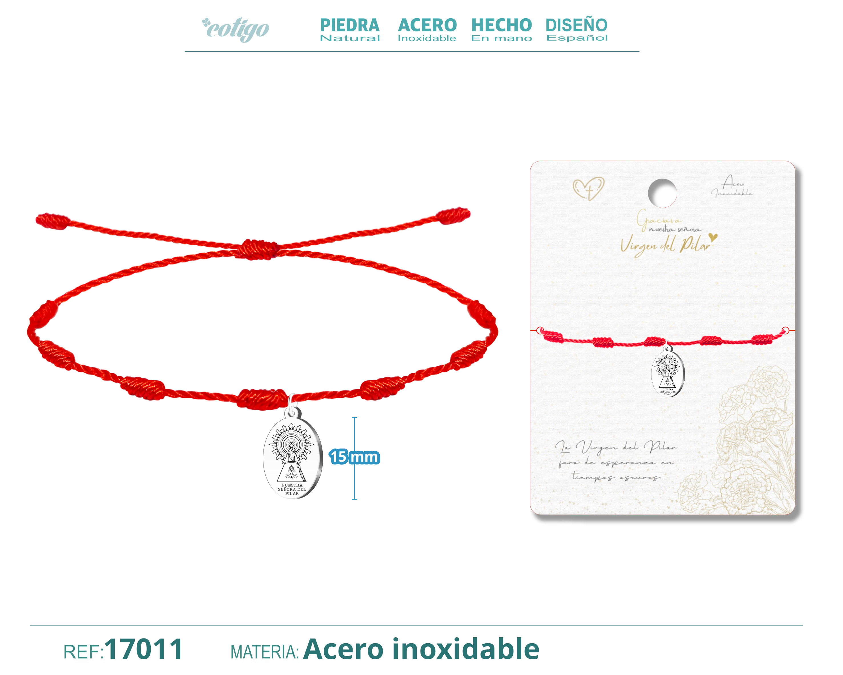 Pulsera 7 Nudos con Virgen del Pilar Acero color Plateado