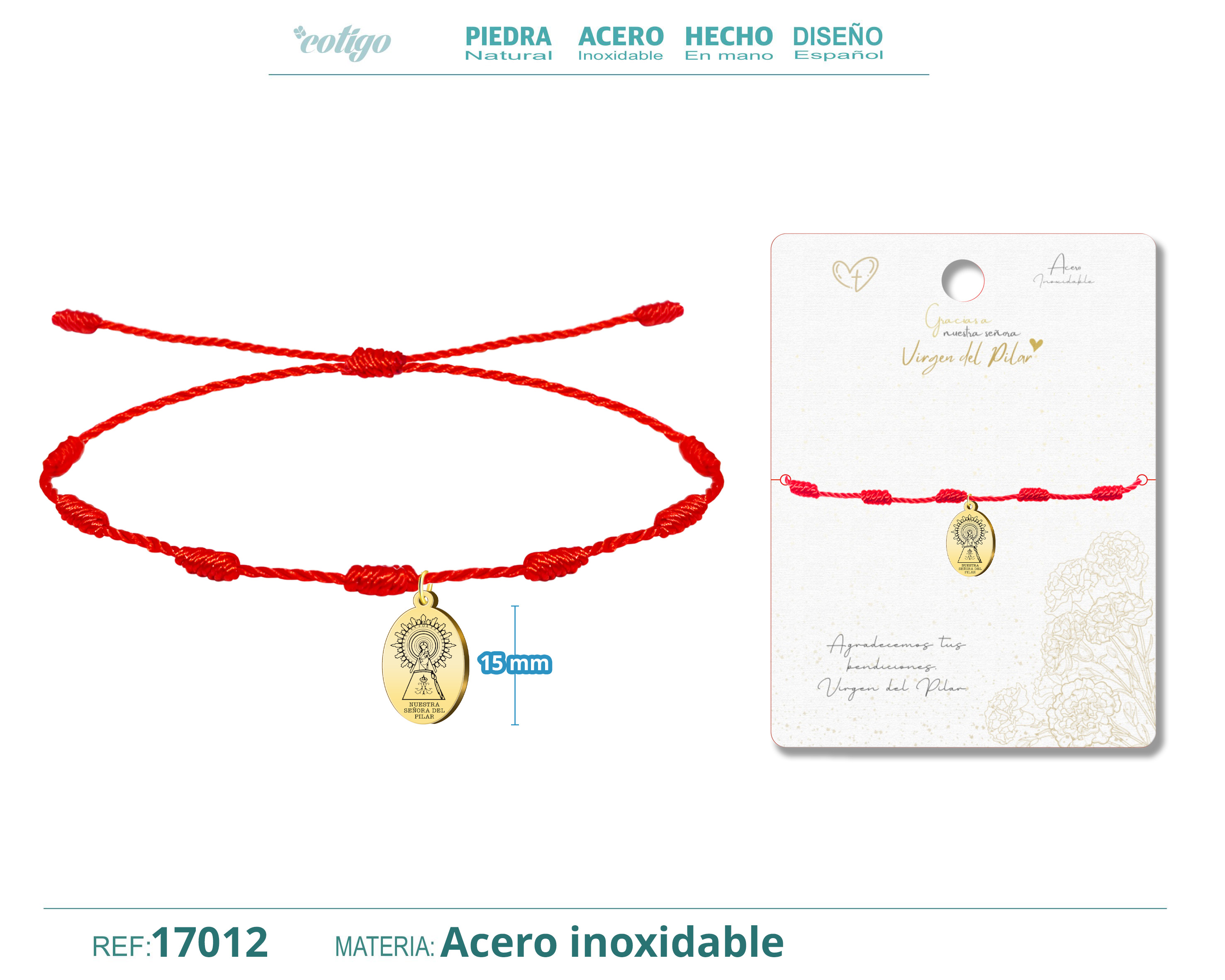 Pulsera 7 Nudos con Virgen del Pilar Acero color Dorado