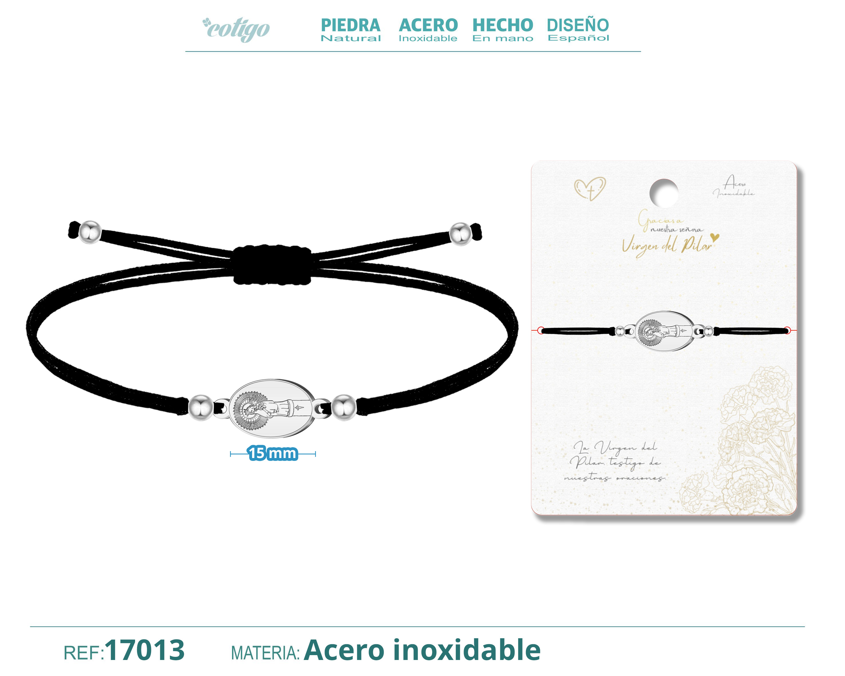 PULSERA HILO ENCERADO CON COLGANTE VIGEN PILAR COLOR PLATEADO