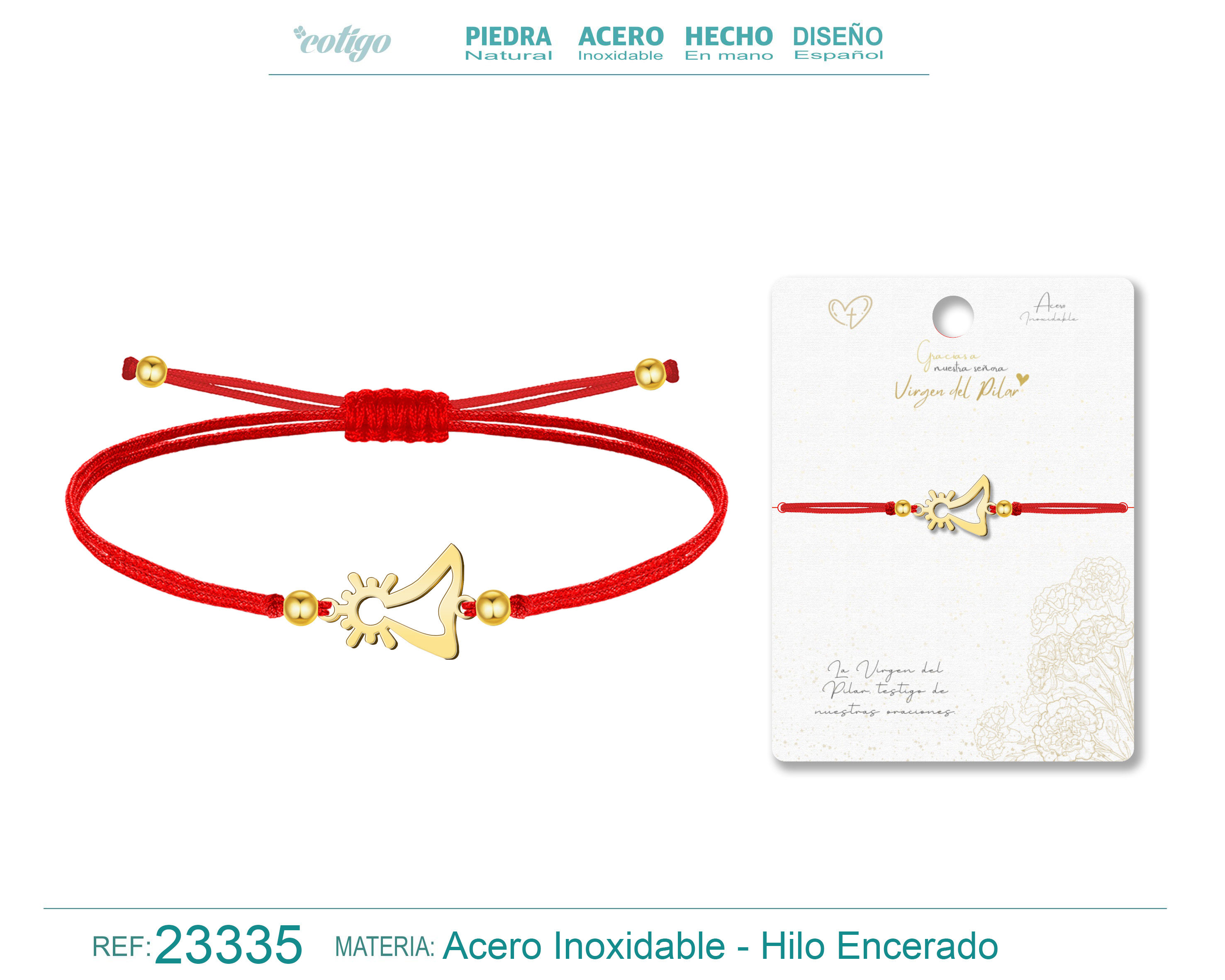 Pulsera Hilo Encerado con Virgen del Pilar Acero color Dorado