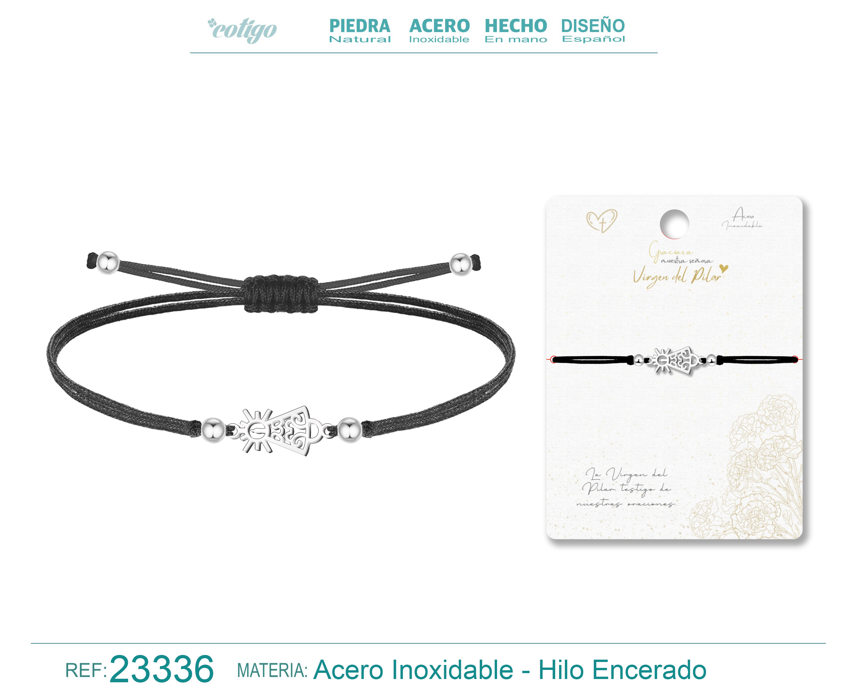 Pulsera Hilo Encerado con Virgen del Pilar Acero color Plateado