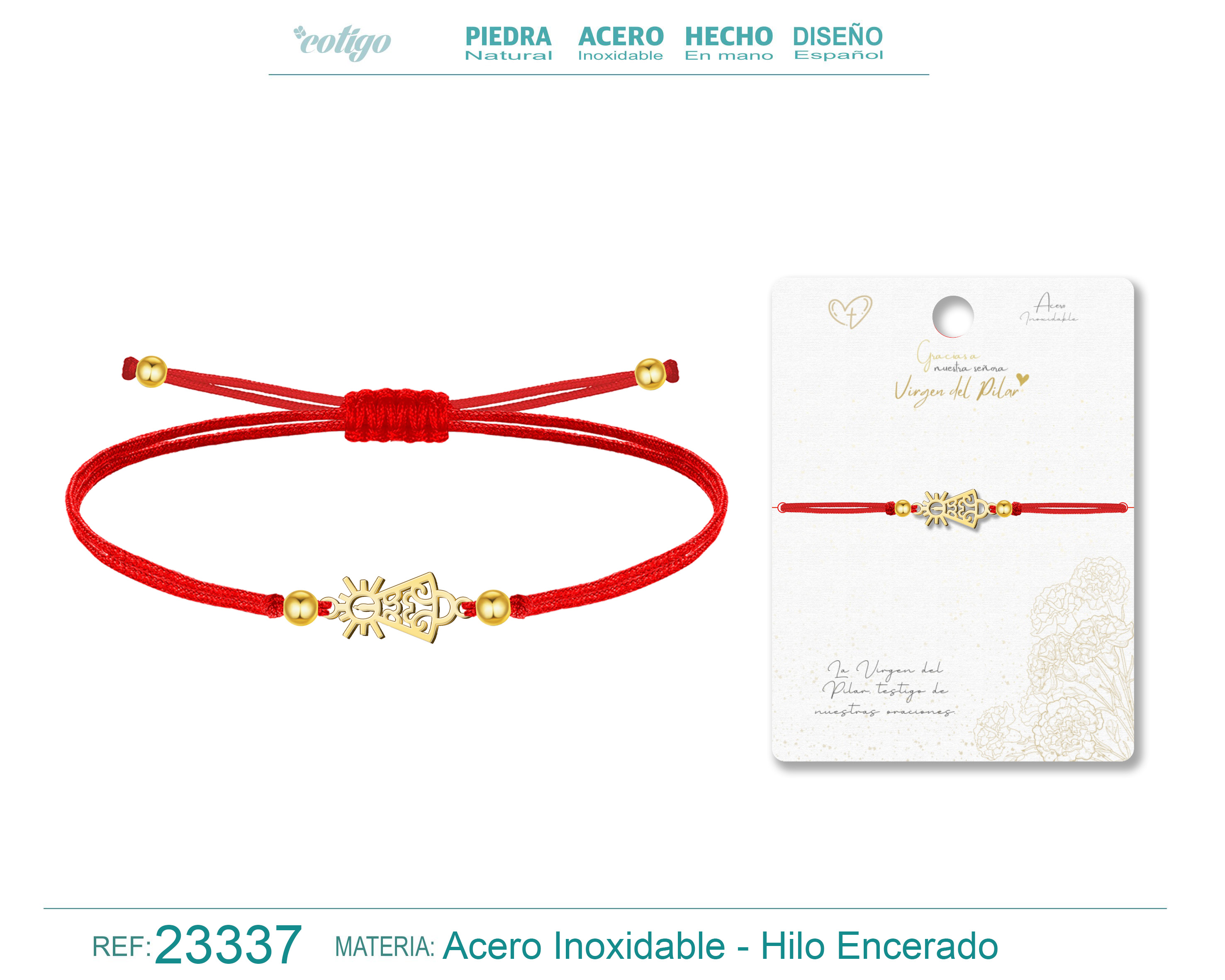 Pulsera Hilo Encerado con Virgen del Pilar Acero color Dorado