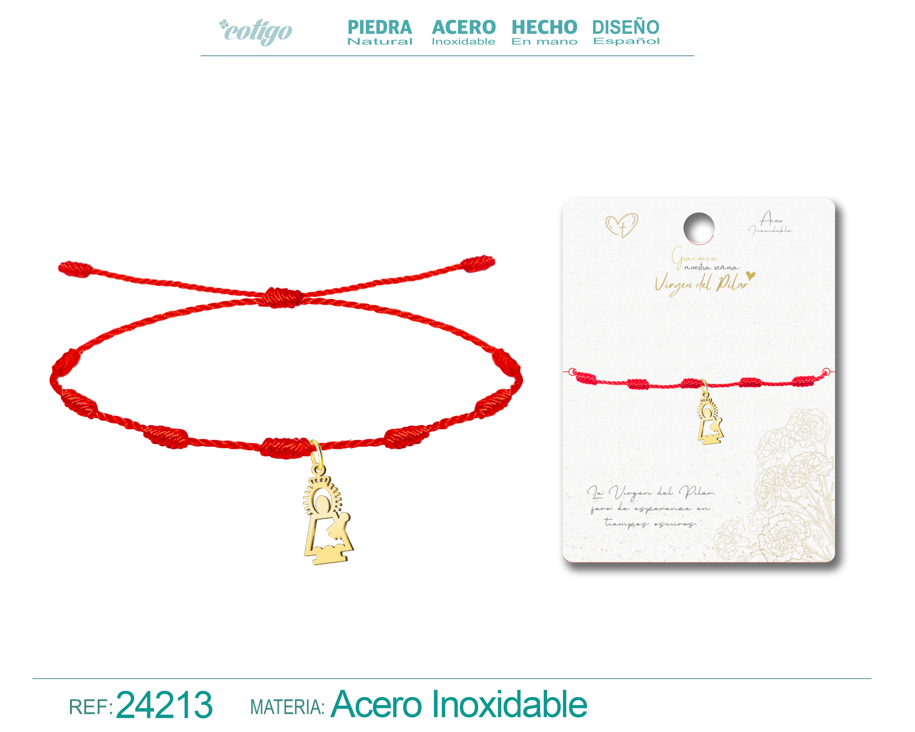 Pulsera 7 Nudos con Virgen del Pilar Acero Dorado