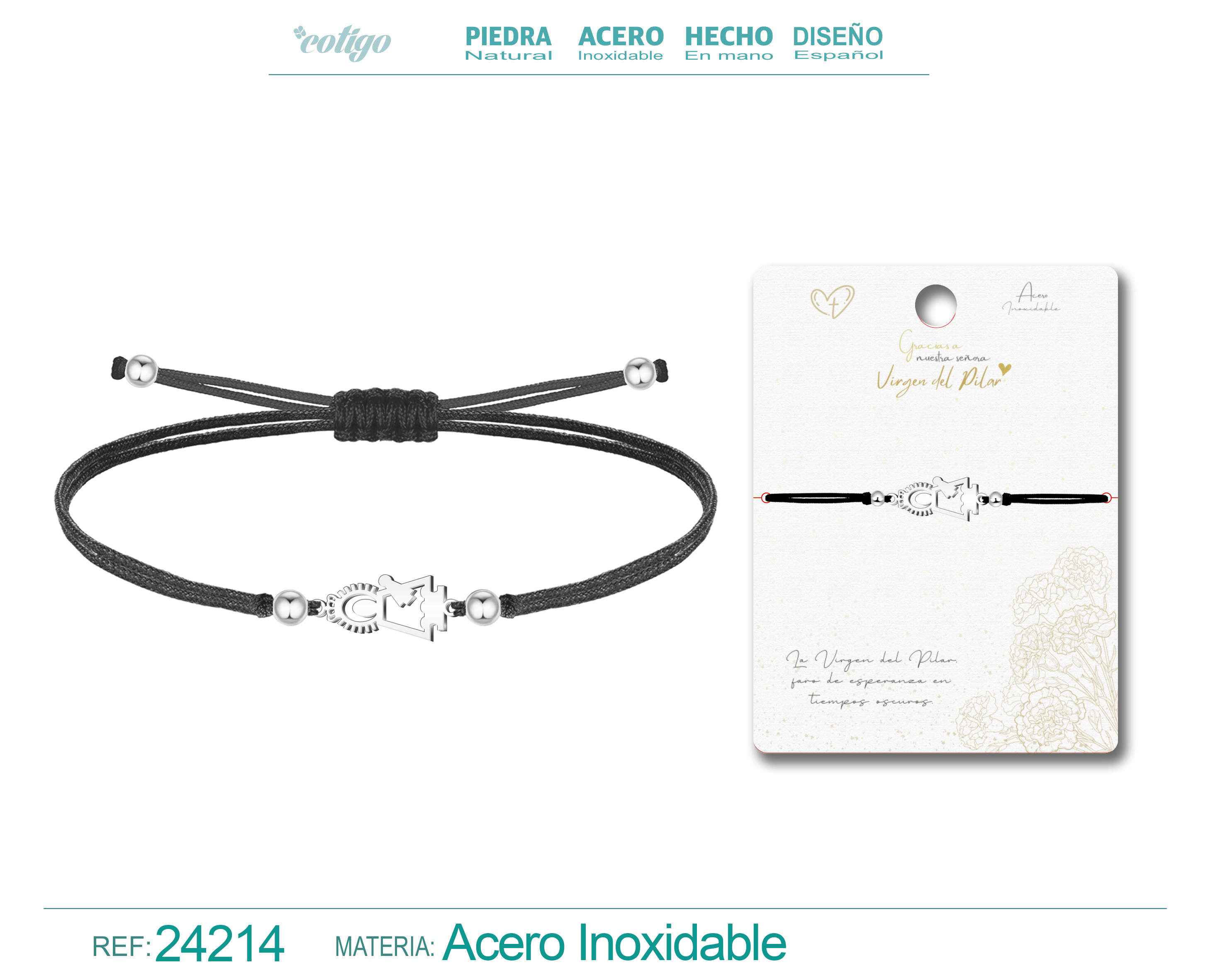 Pulsera Hilo Encerado con Virgen del Pilar Acero Plateado
