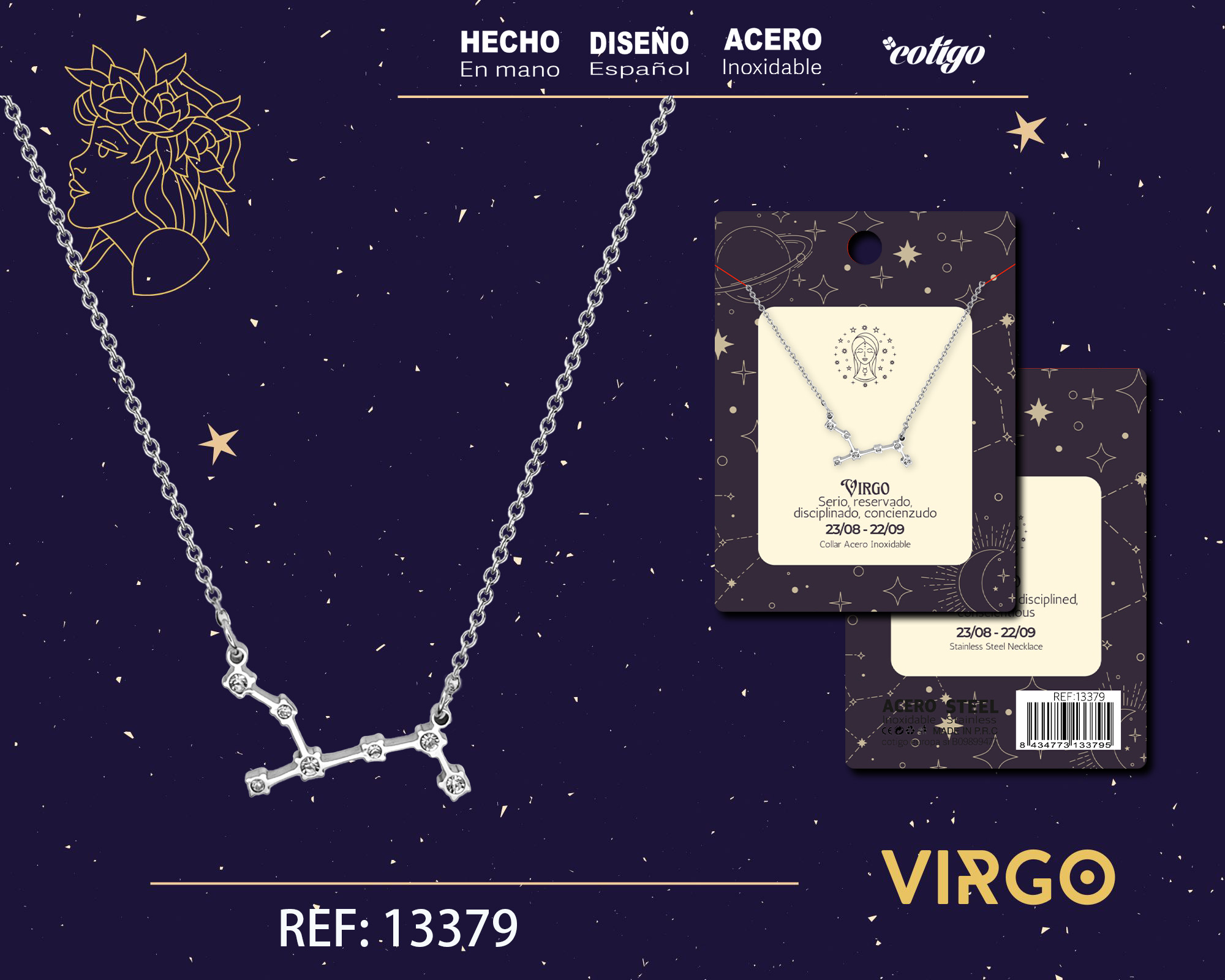 Collar Mapa Estelar del Zodiaco Virgo Plateado con Stras