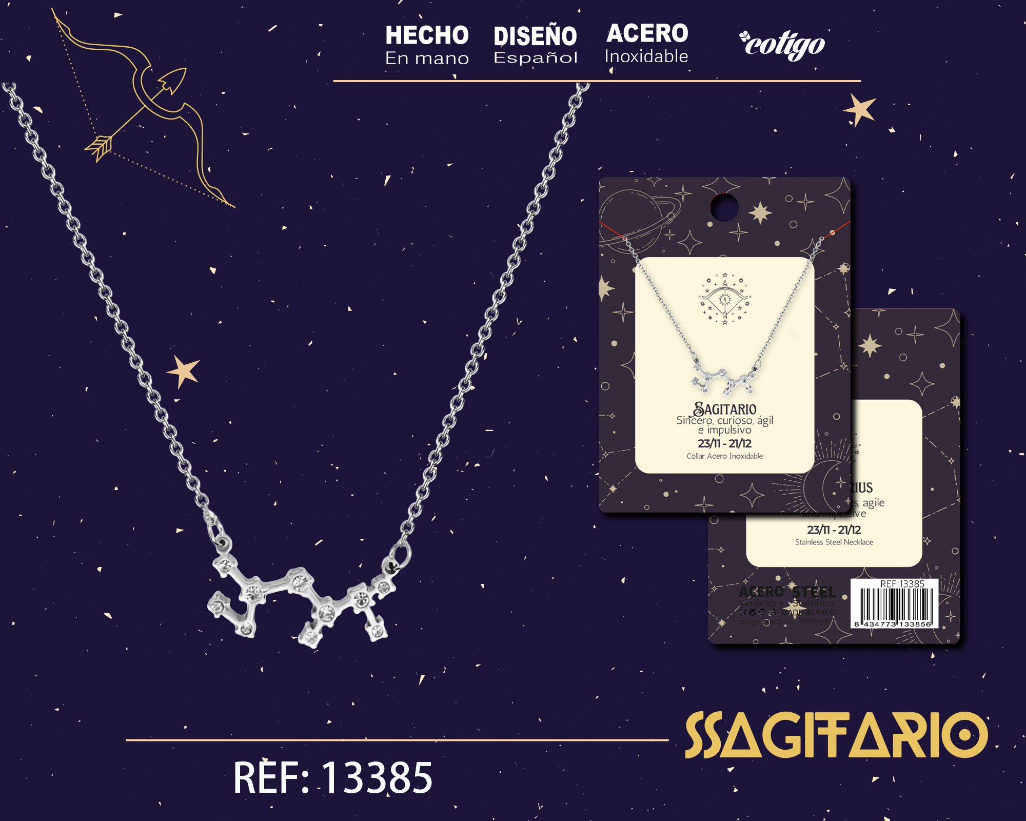 Collar Mapa Estelar del Zodiaco Sagitario Plateado con Stras