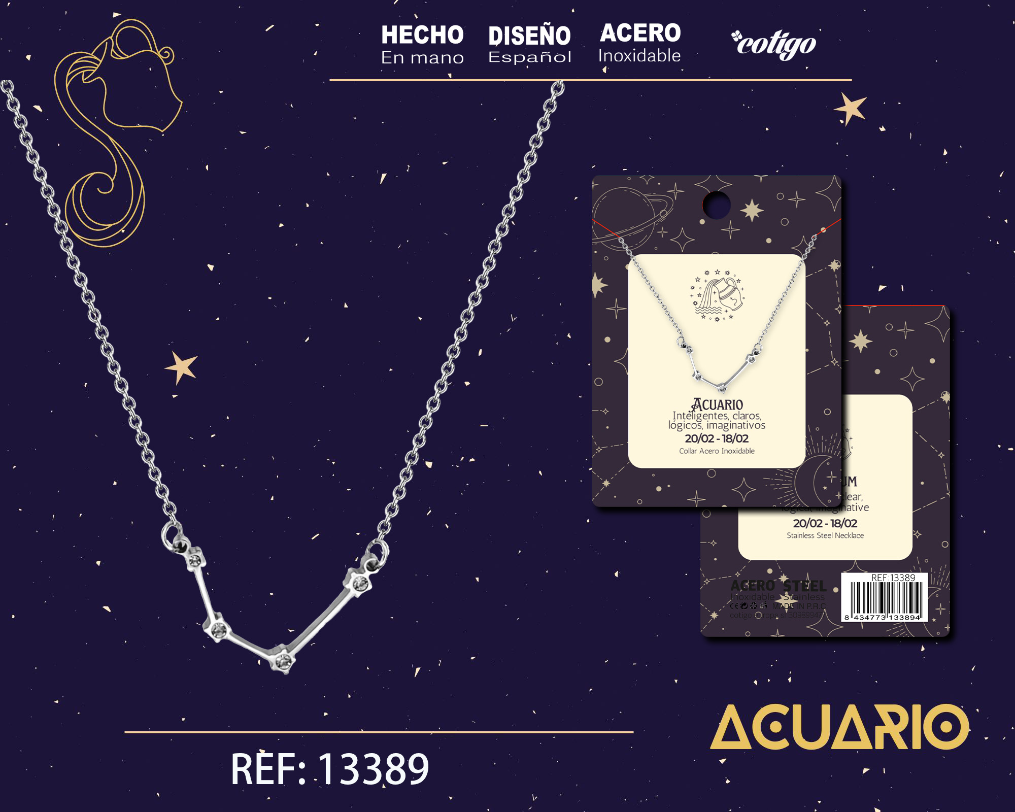 Collar Mapa Estelar del Zodiaco Acuario Plateado con Stras