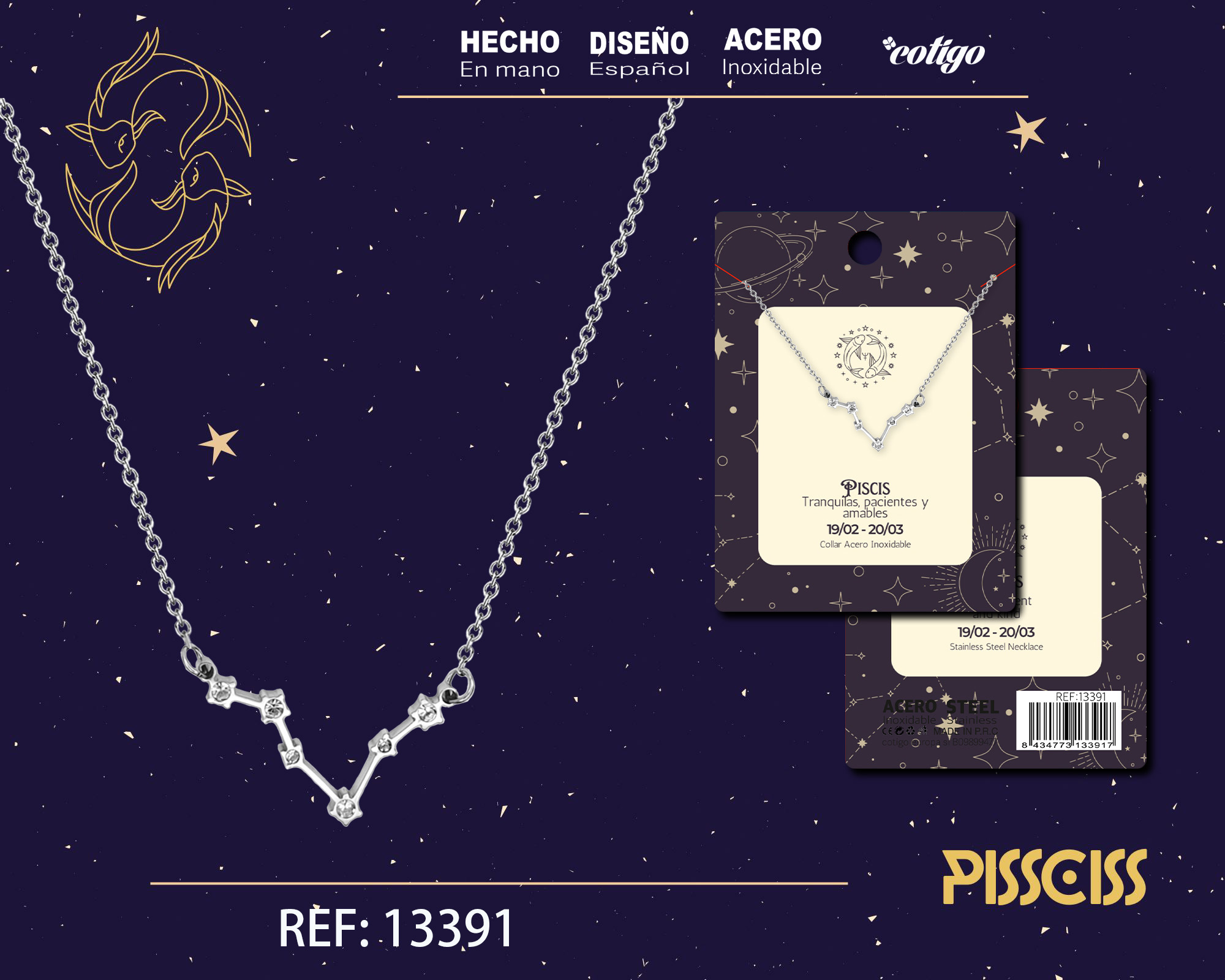 Collar Mapa Estelar del Zodiaco Piscis Plateado con Stras
