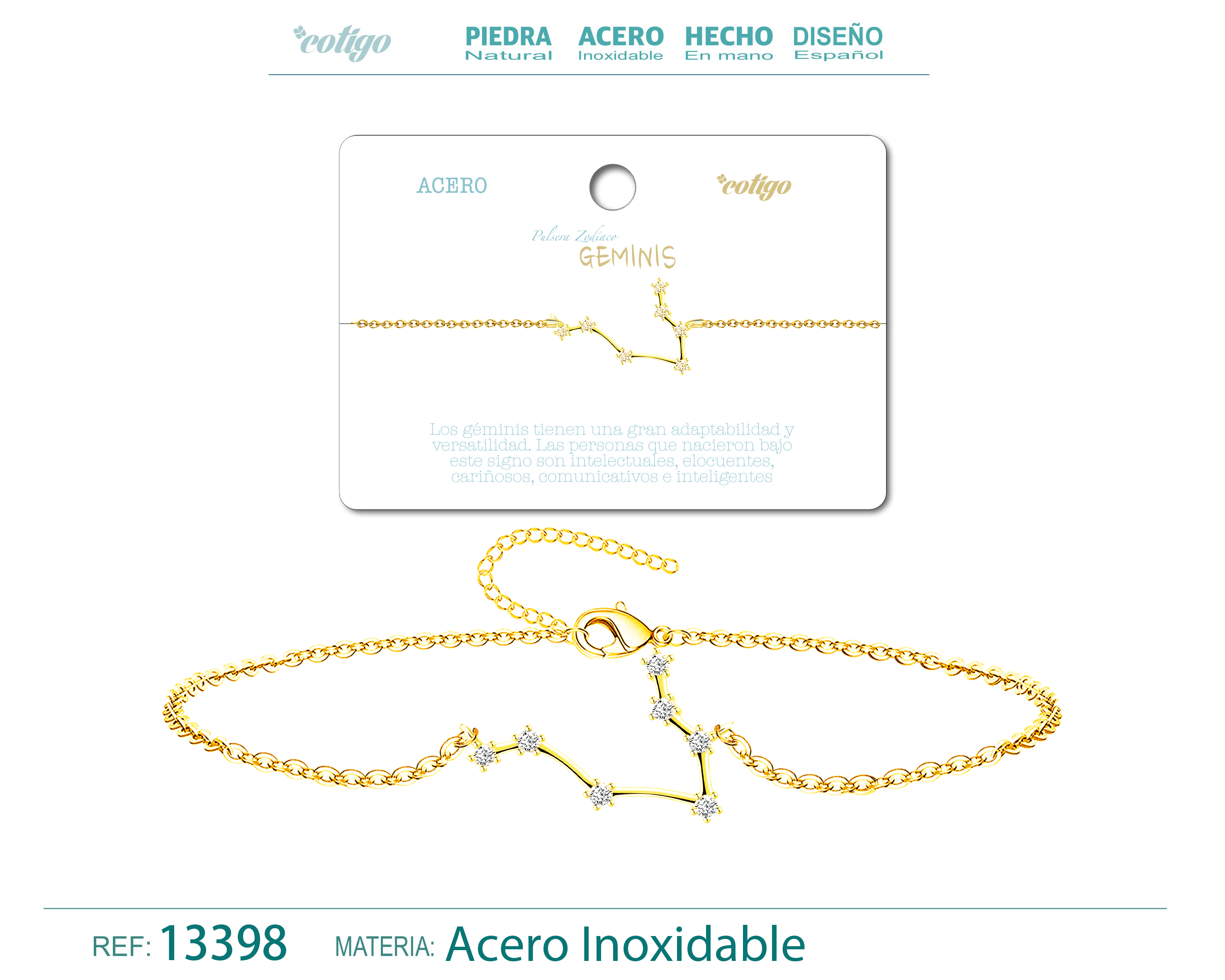 Pulsera Mapa Estelar del Zodiaco Geminis Dorado con Stras
