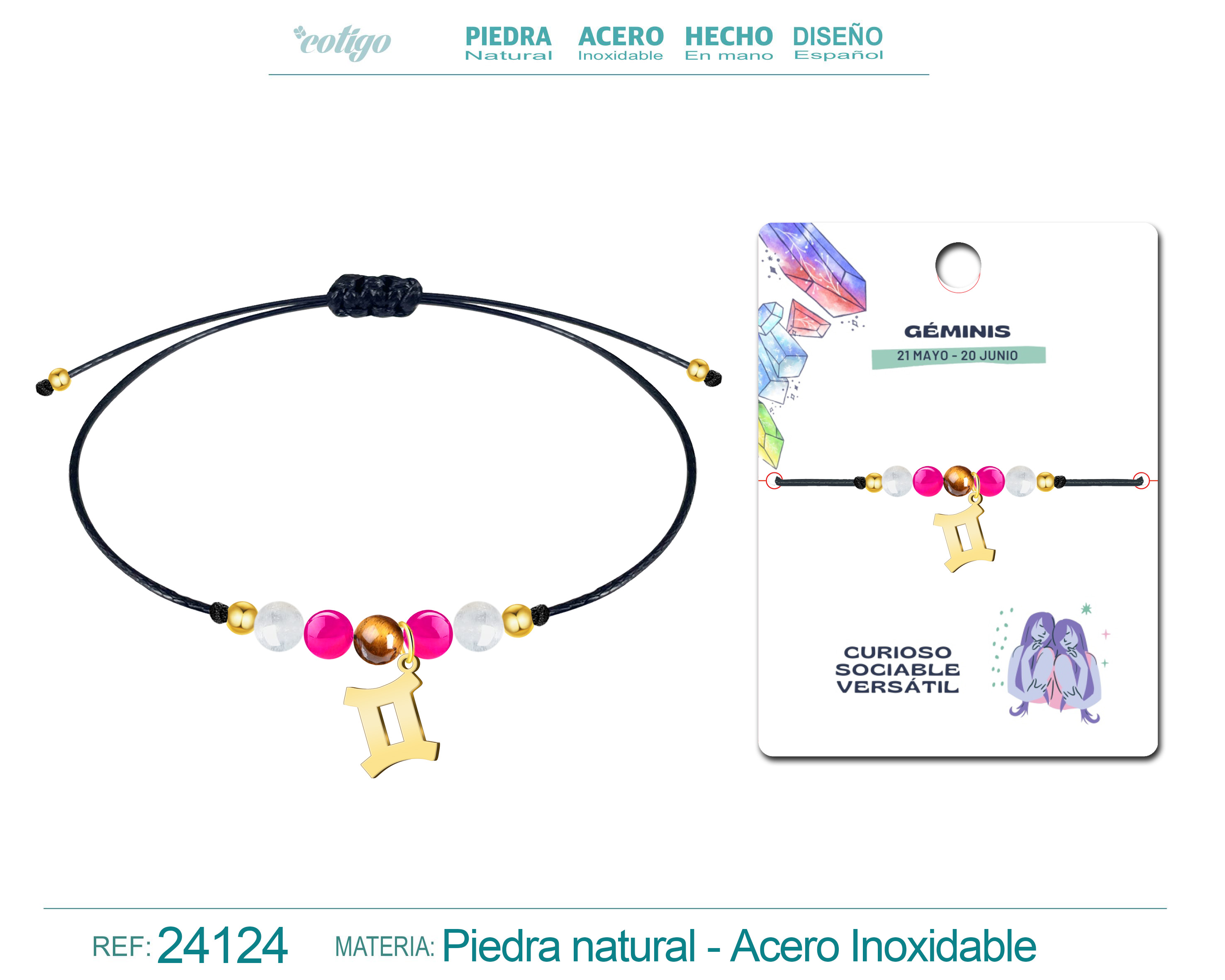 Pulsera Piedra natural con Colgante GEMINIS Acero Dorado