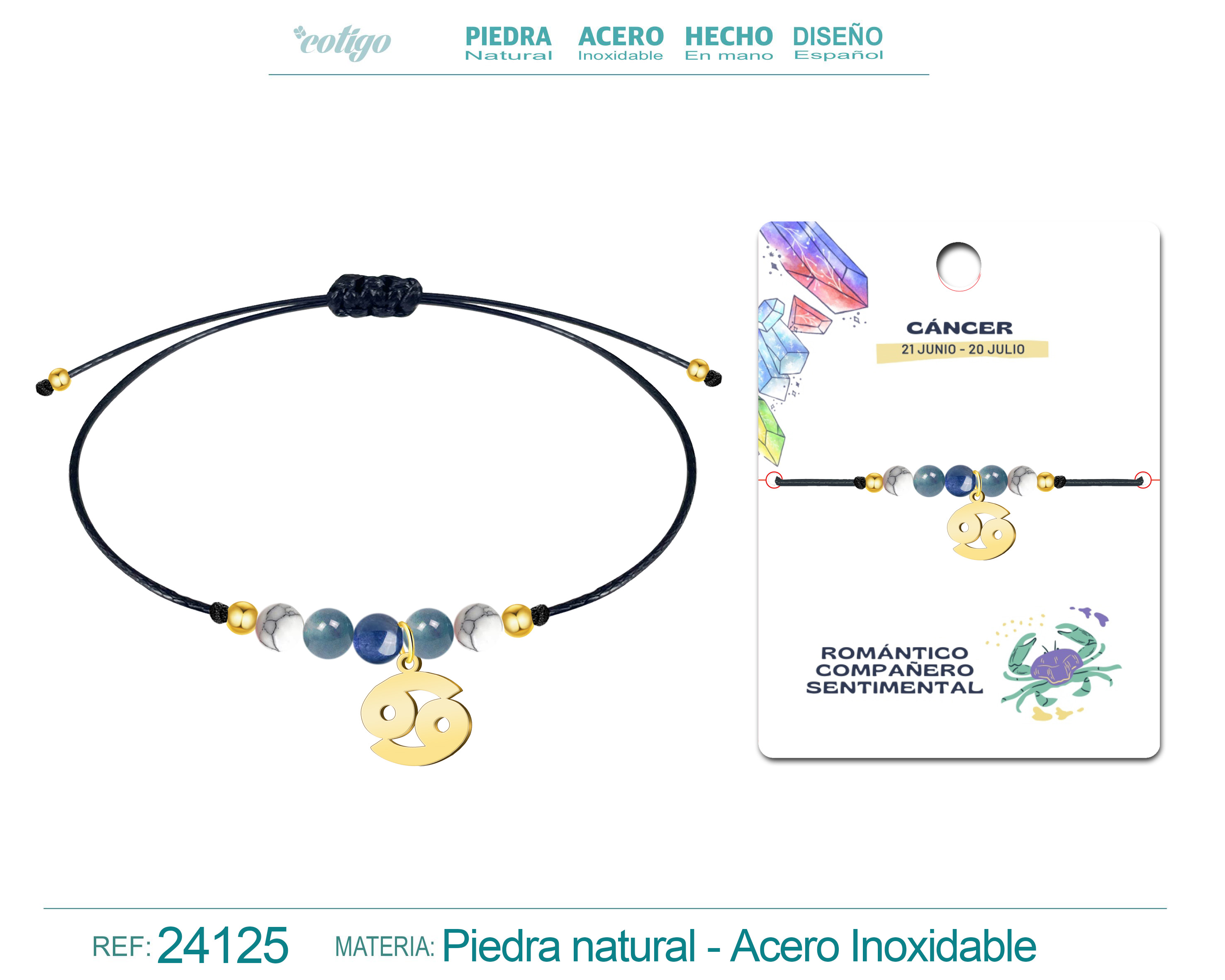 Pulsera Piedra natural con Colgante CANCER Acero Dorado