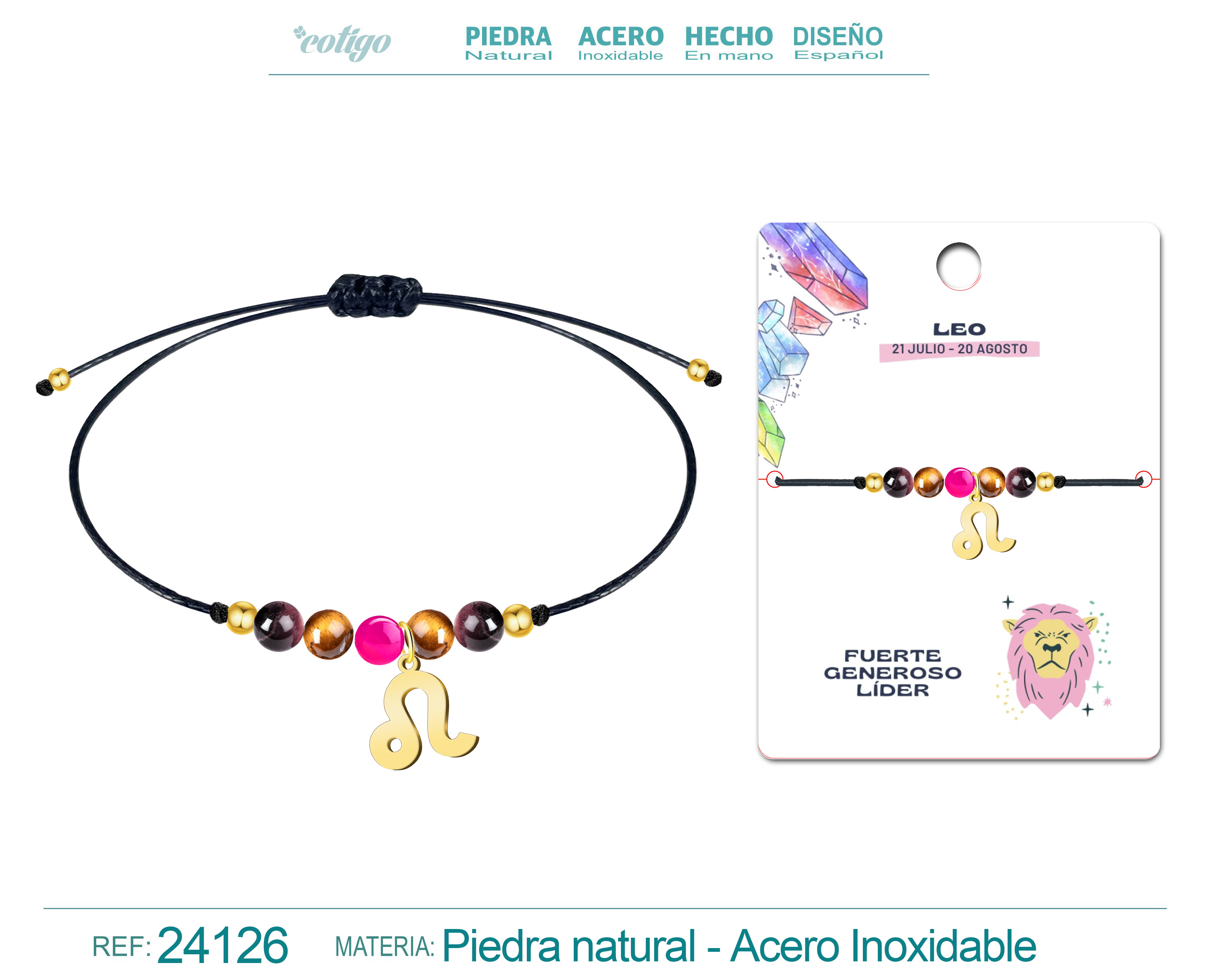 Pulsera Piedra natural con Colgante LEO Acero Dorado