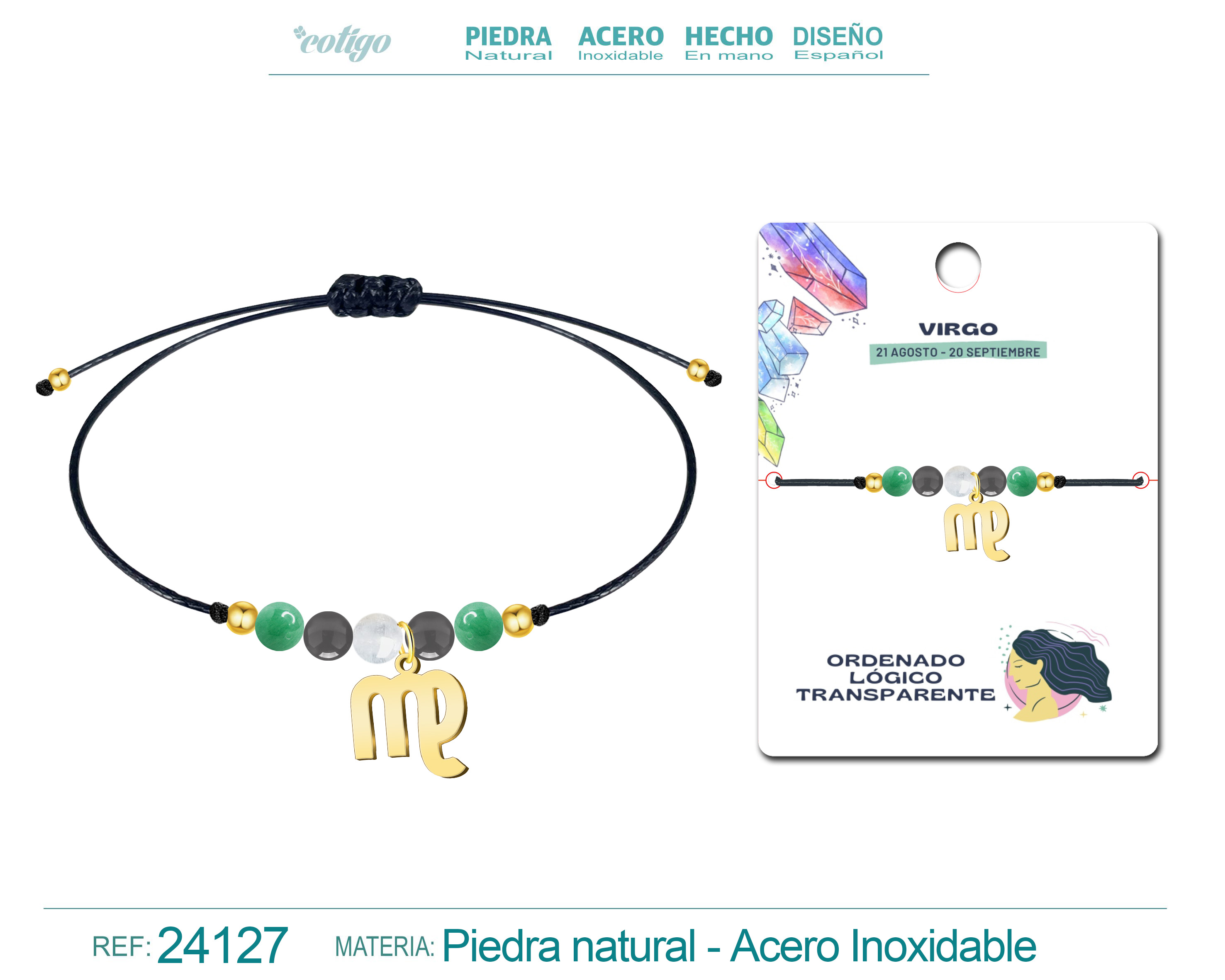 Pulsera Piedra natural con Colgante VIRGO Acero Dorado