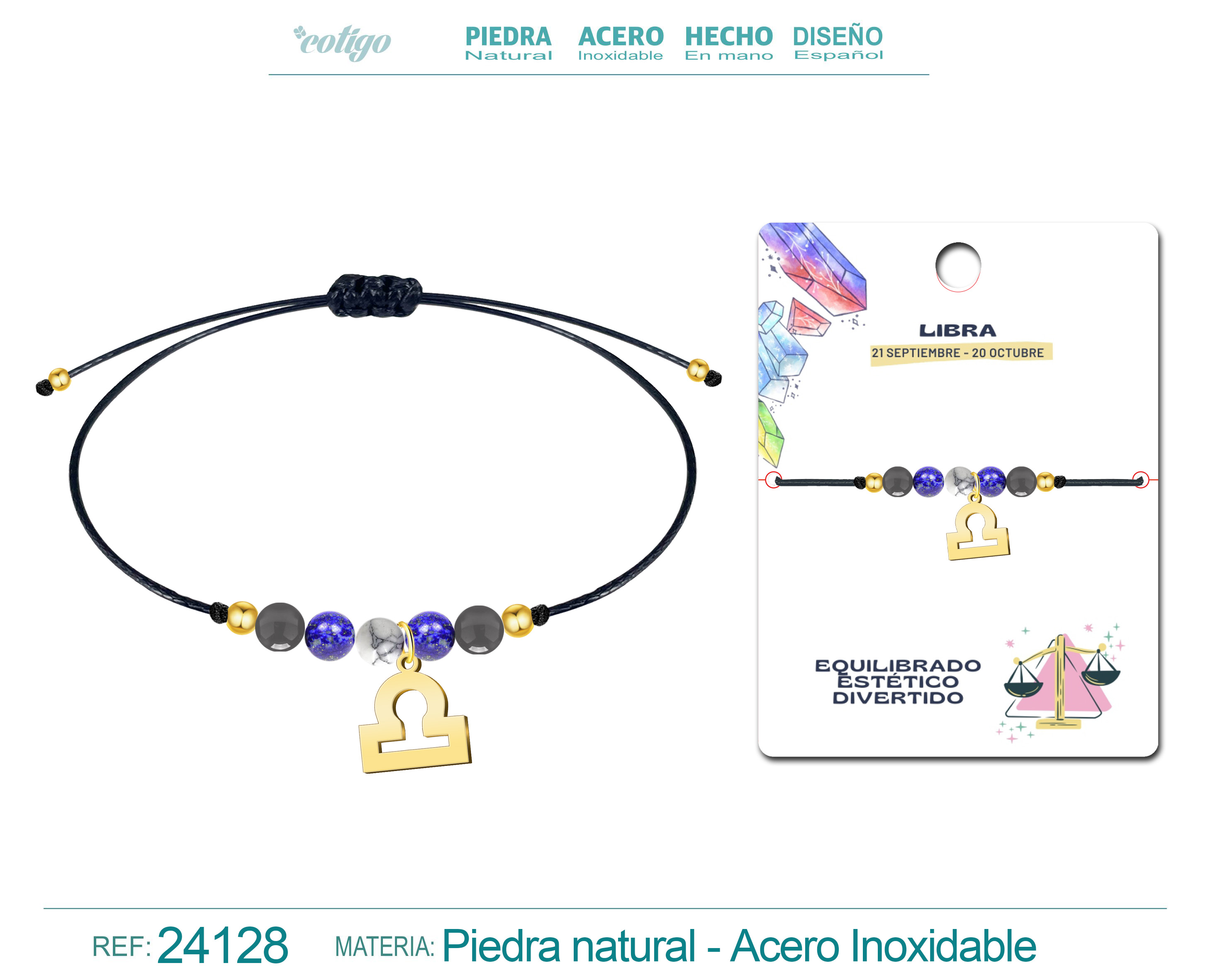 Pulsera Piedra natural con Colgante LIBRA Acero Dorado