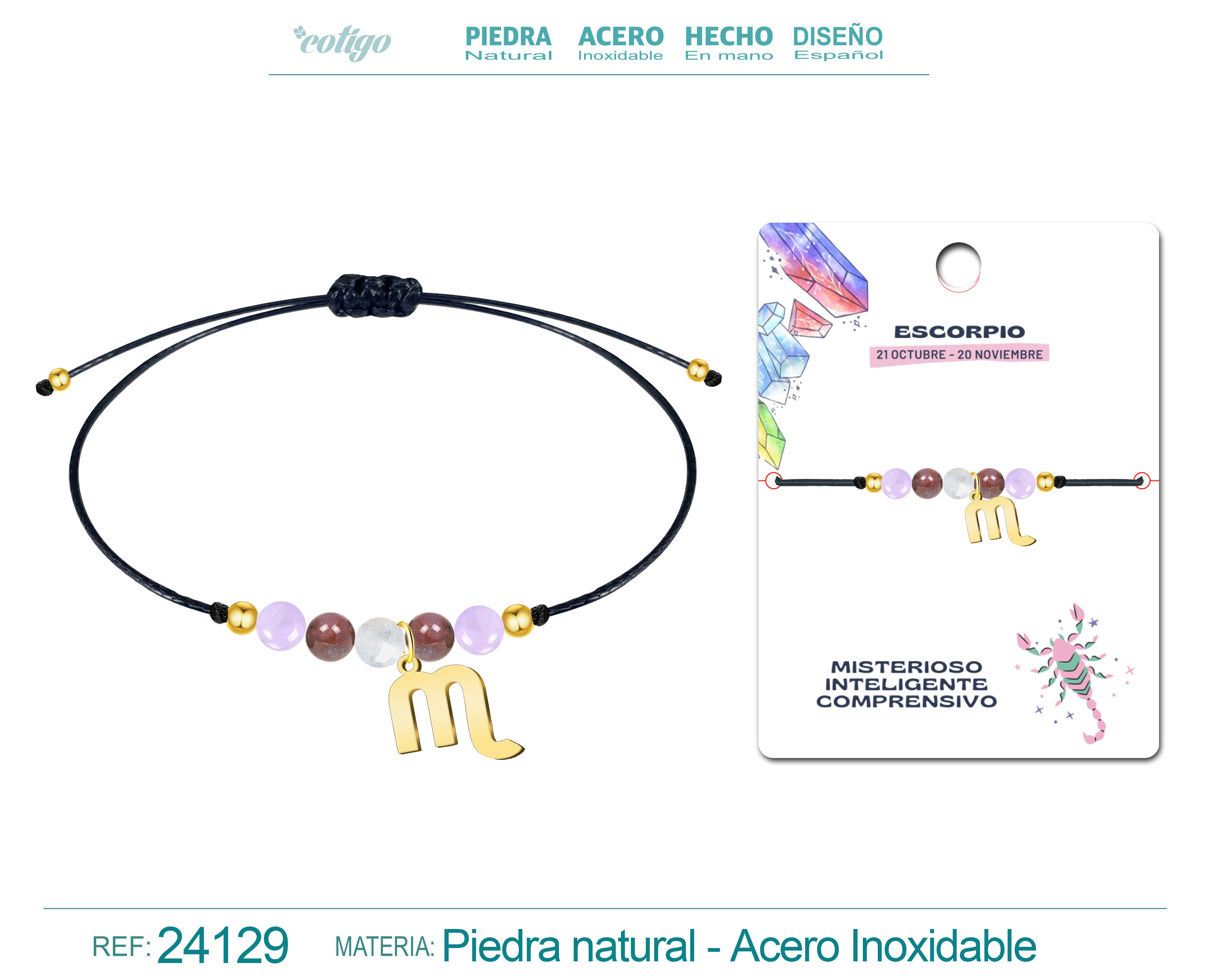 Pulsera Piedra natural con Colgante ESCORPIO Acero Dorado