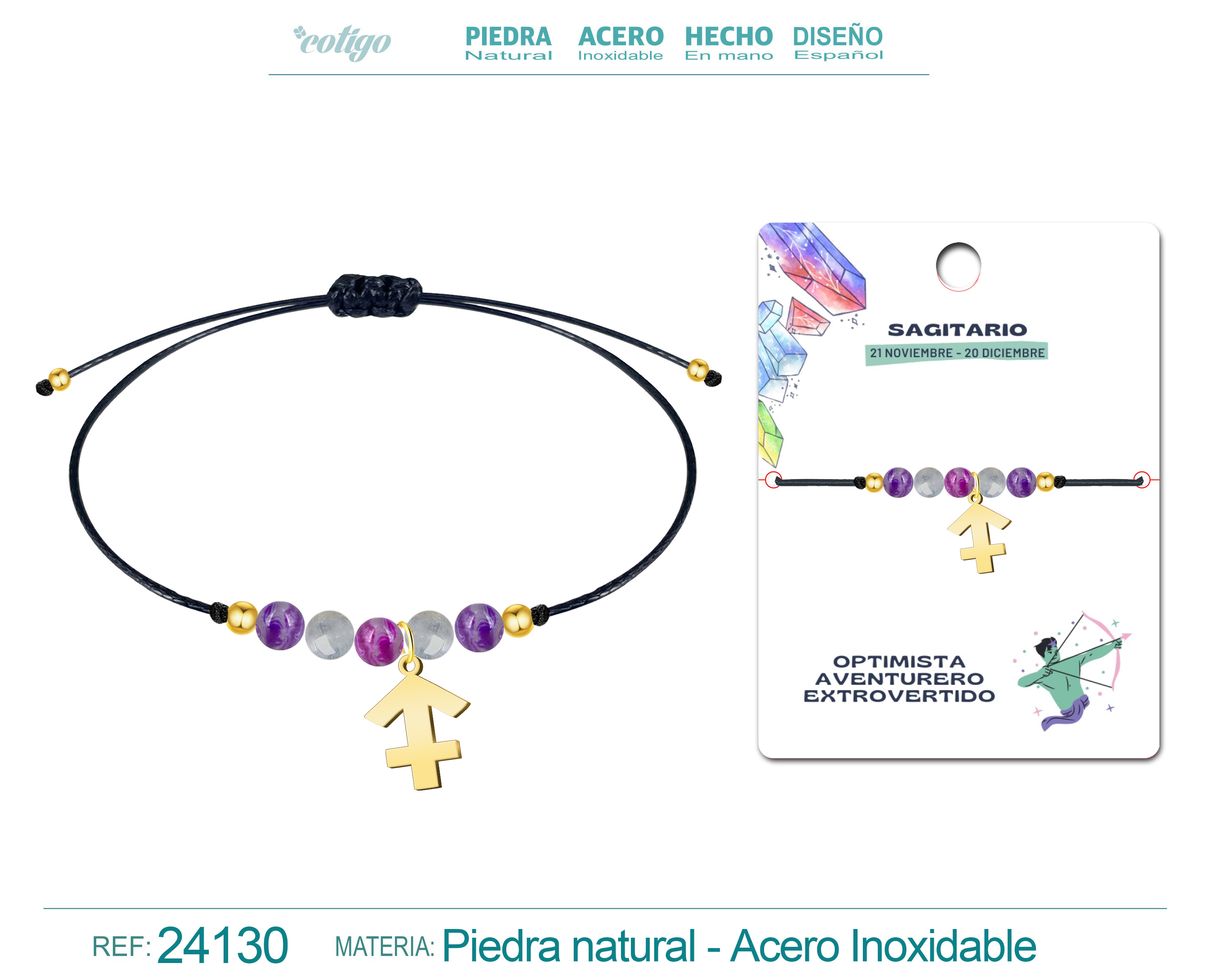 Pulsera Piedra natural con Colgante SAGITARIO Acero Dorado