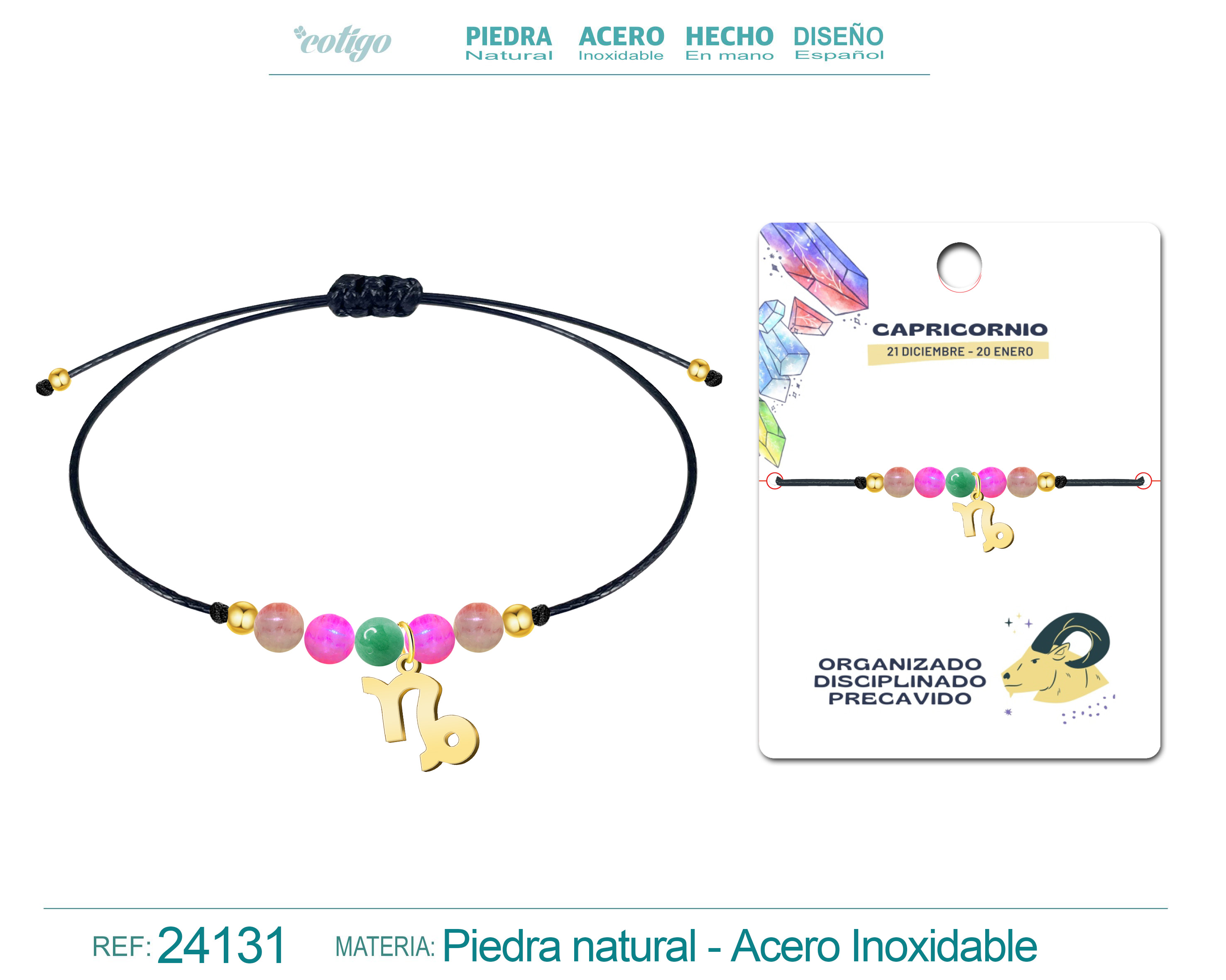 Pulsera Piedra natural con Colgante CAPRICORNIO Acero Dorado