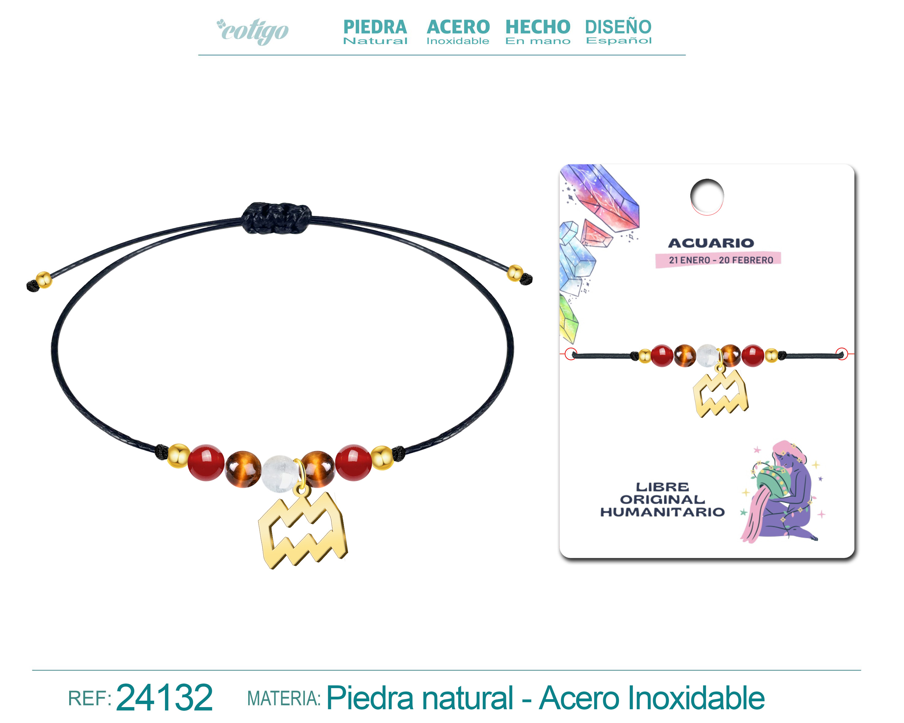 Pulsera Piedra natural con Colgante AGUARIO Acero Dorado