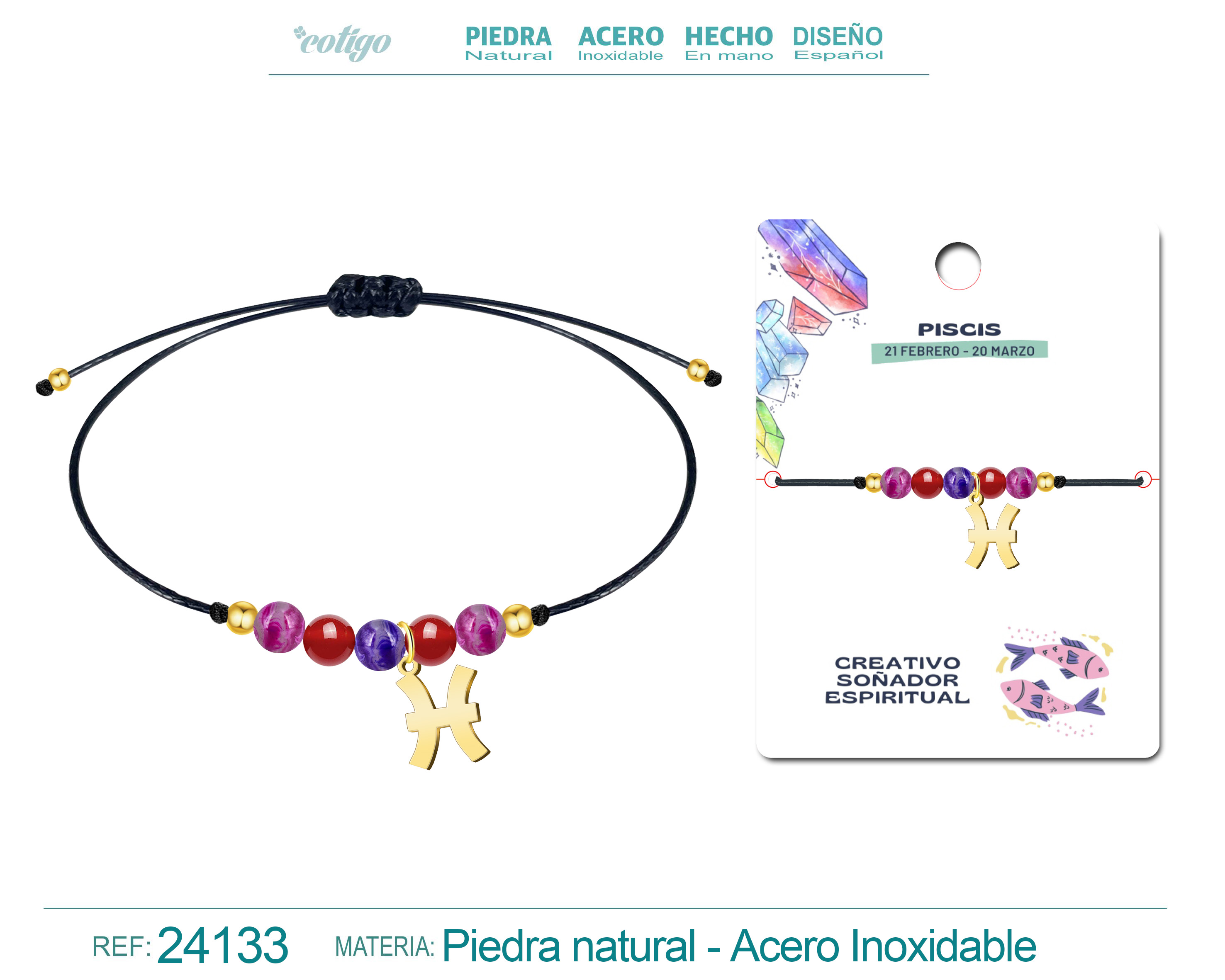 Pulsera Piedra natural con Colgante PISCIS Acero Dorado