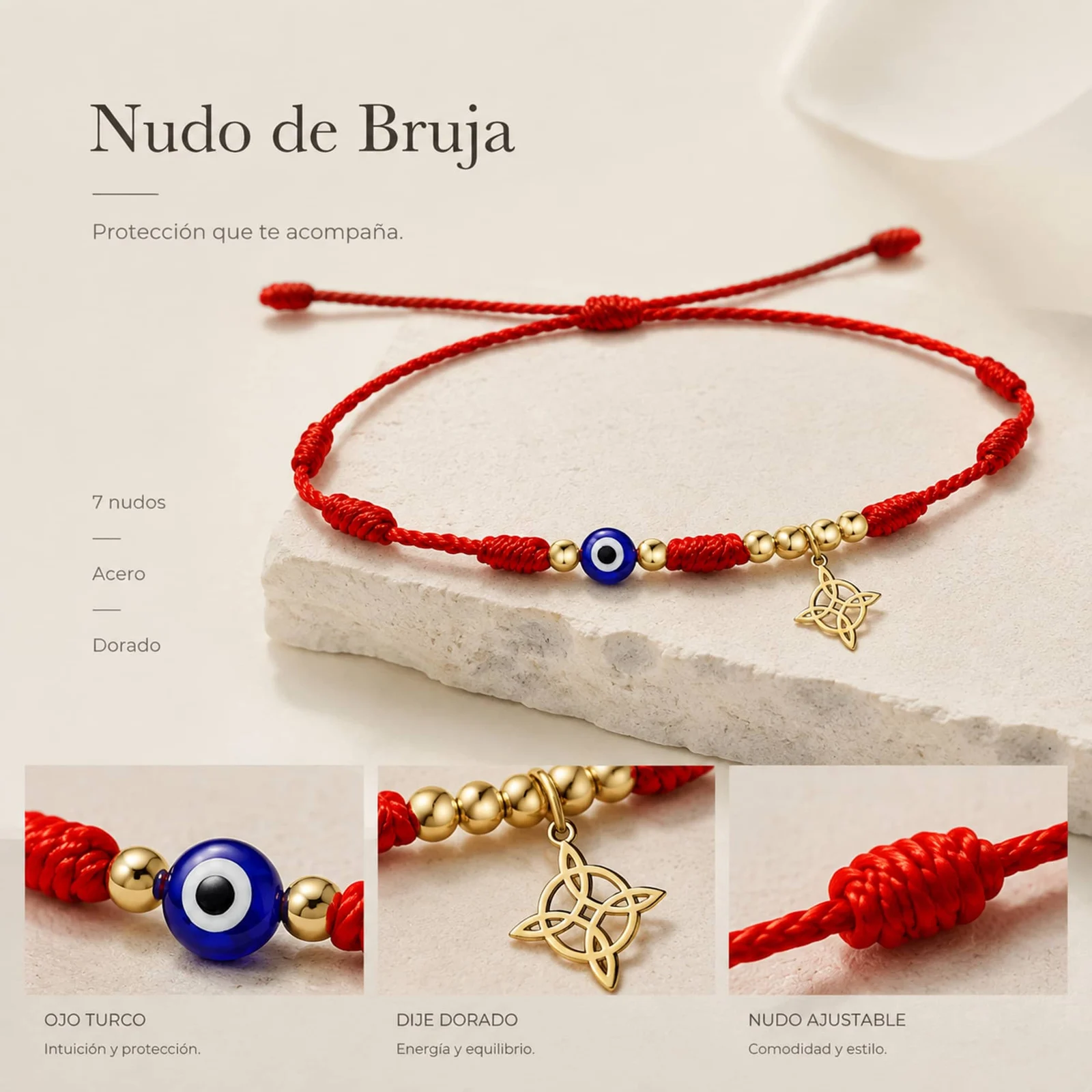 PULSERA 7 NUDOS CON OJO DE TURCO Y NUDO DE BRUJA ACERO DORADO