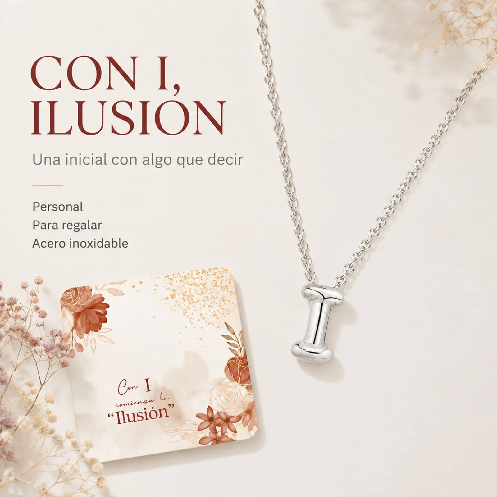 COLLAR INICIAL LETRA I ACERO CON SOBRE